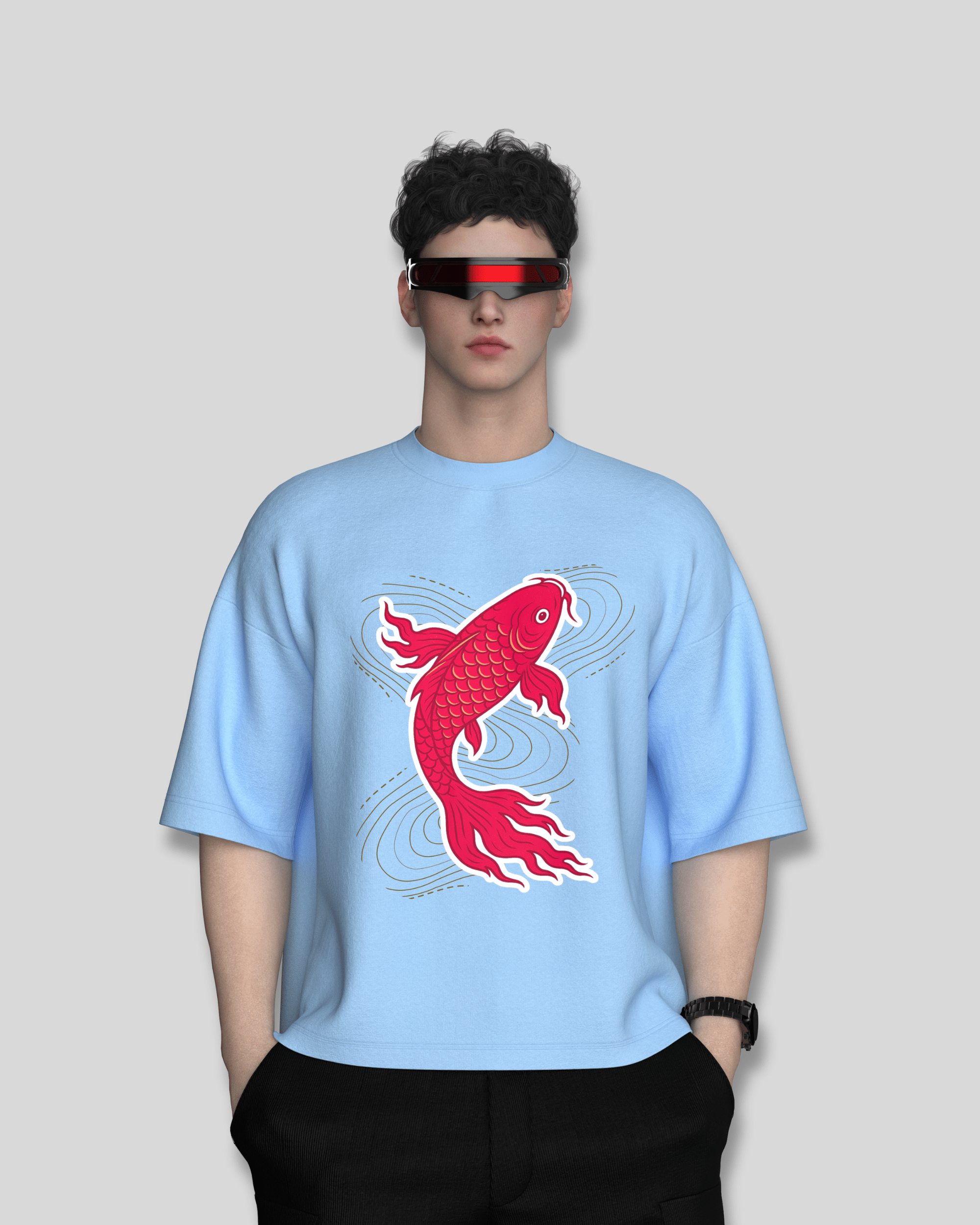 Red Koi Oversized Tee – Baby Blue Edition