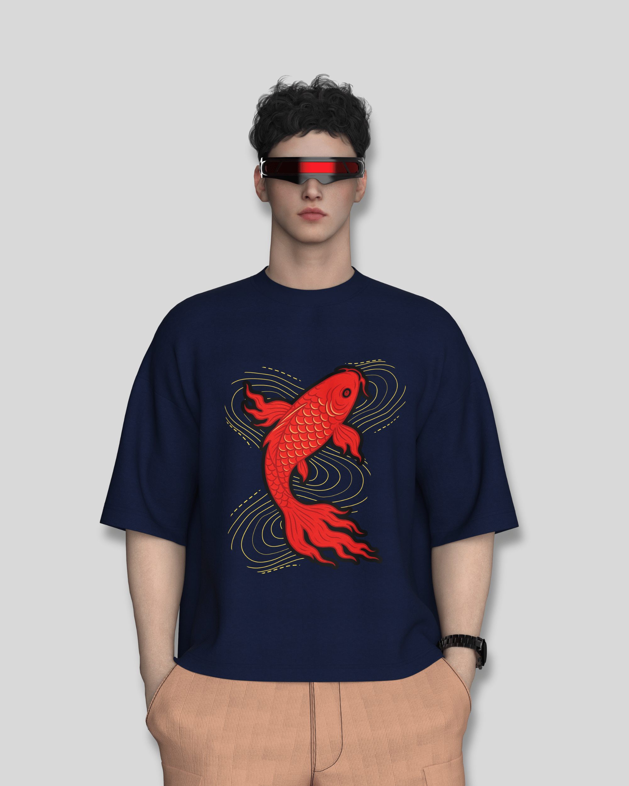 Red Koi Oversized Tee – Navy Edition