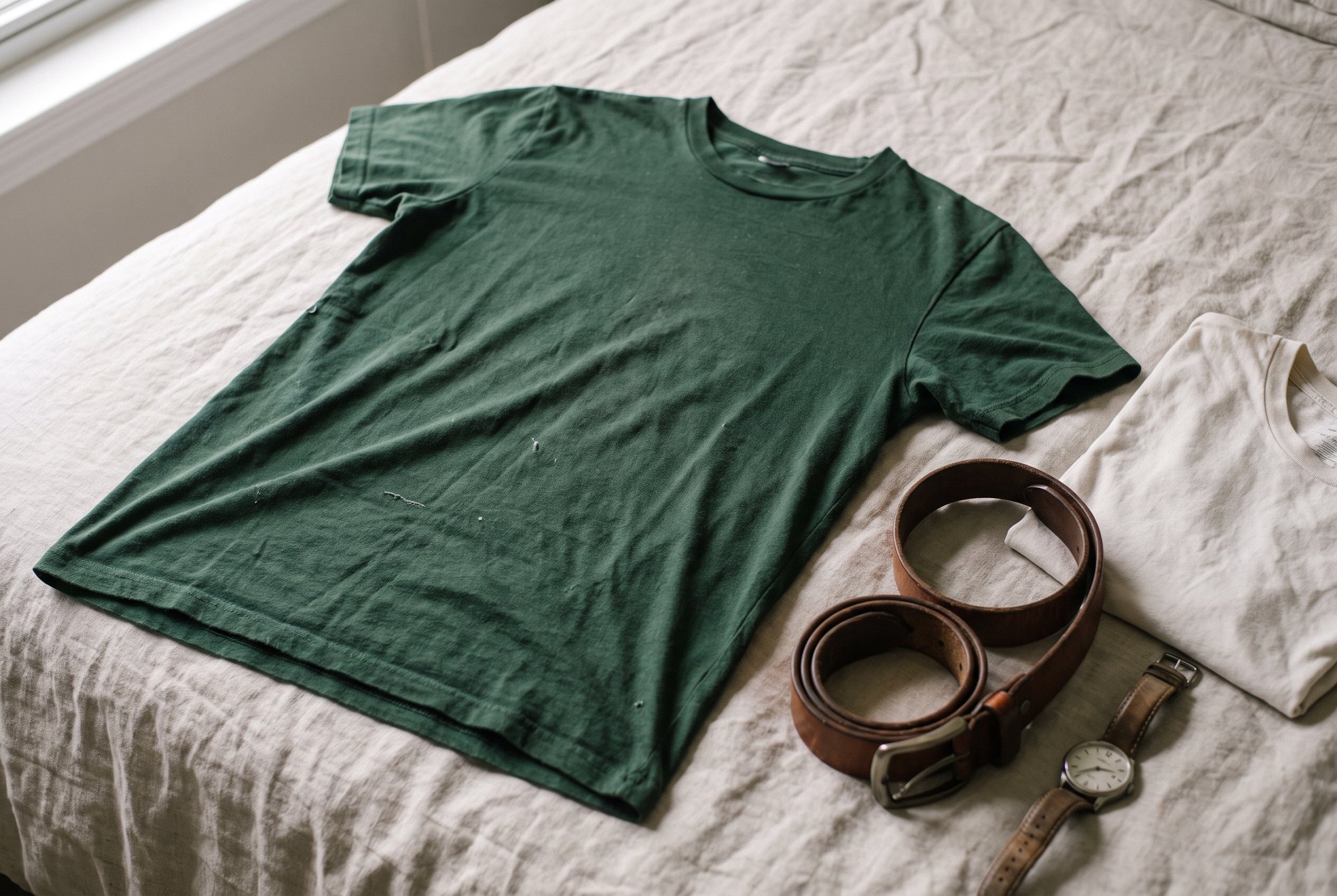 A dark forest-green cotton tee laid flat on pale linen with a brown leather belt