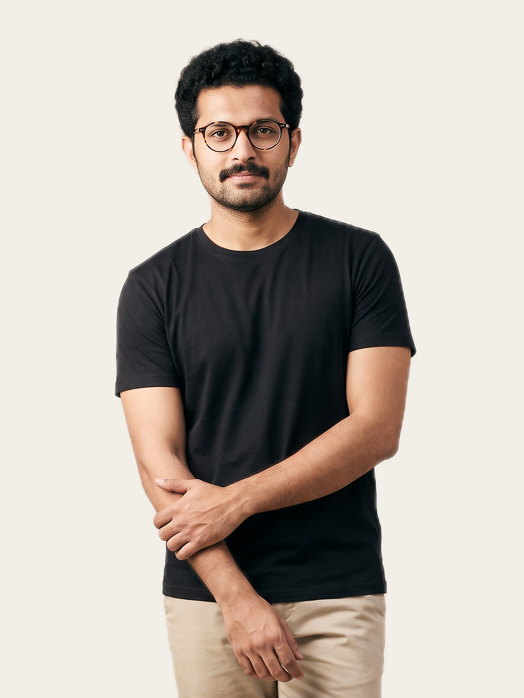 BASE crew tee in Noor Black, worn with beige chinos