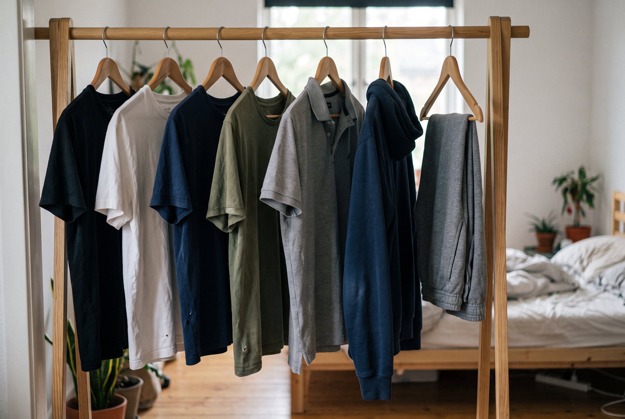 An open minimal wardrobe rail with a handful of plain tees