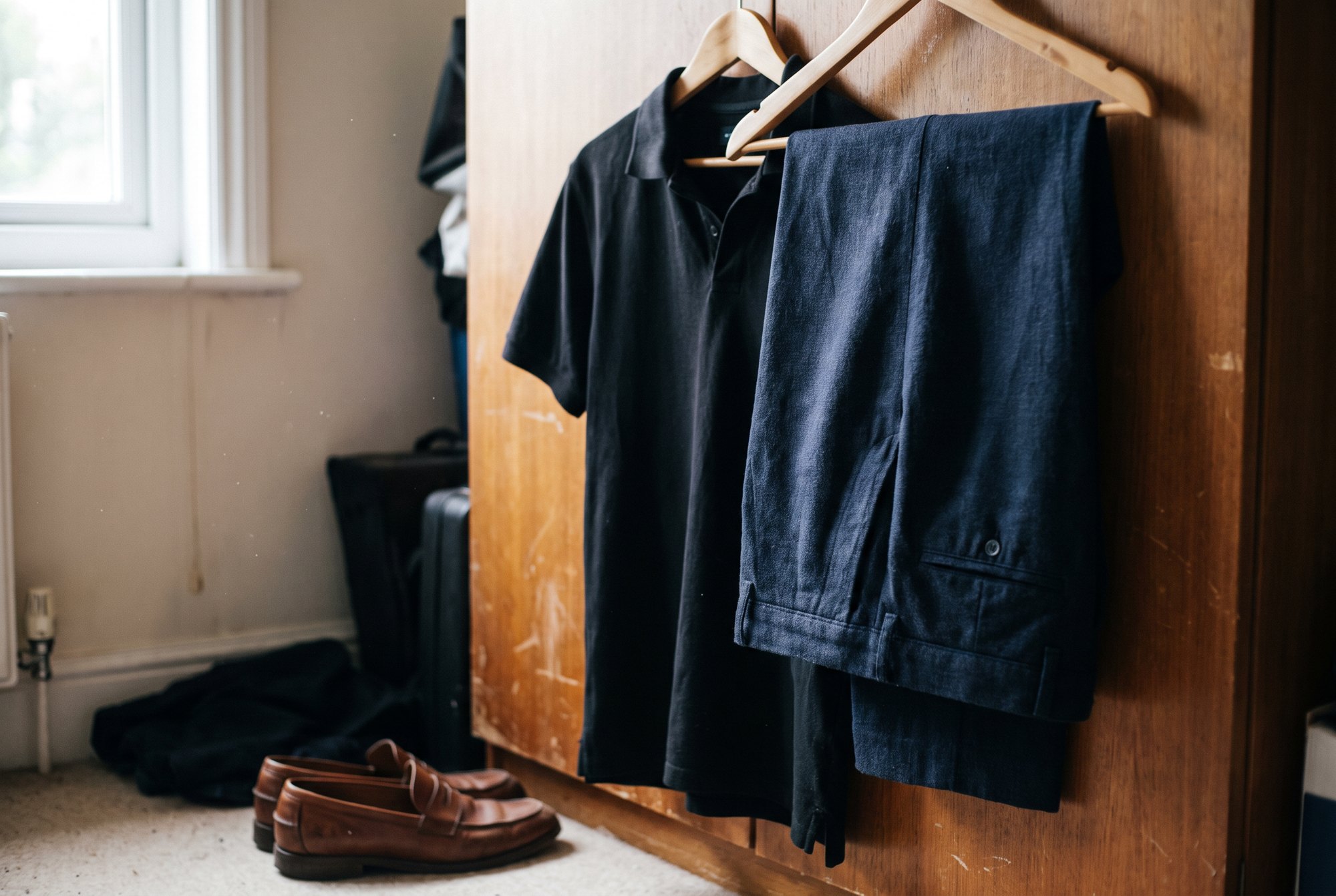 A black polo and dark trousers on a hanger on a wardrobe door with a pair of brown loafers on the floor