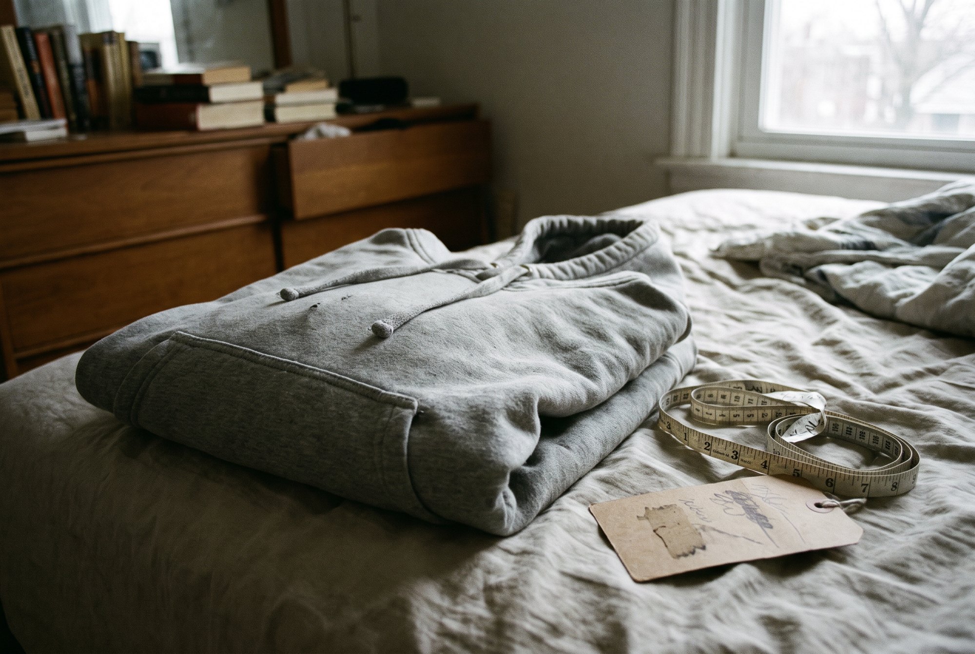 A folded plain hoodie on a bed with a tape measure and a small handwritten note card reading nothing legible