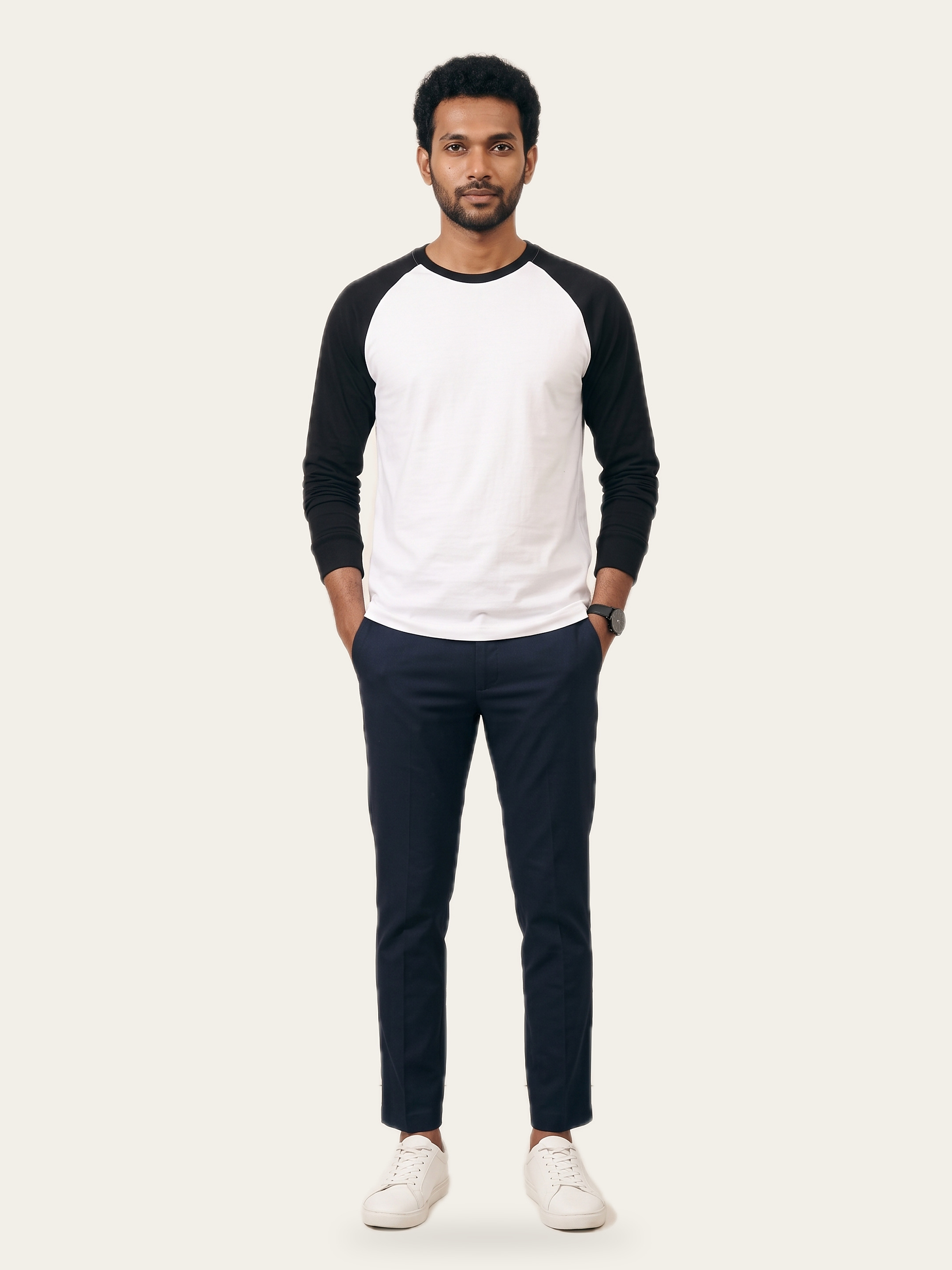 CORE contrast raglan in Rui White with black sleeves, front, worn by a model