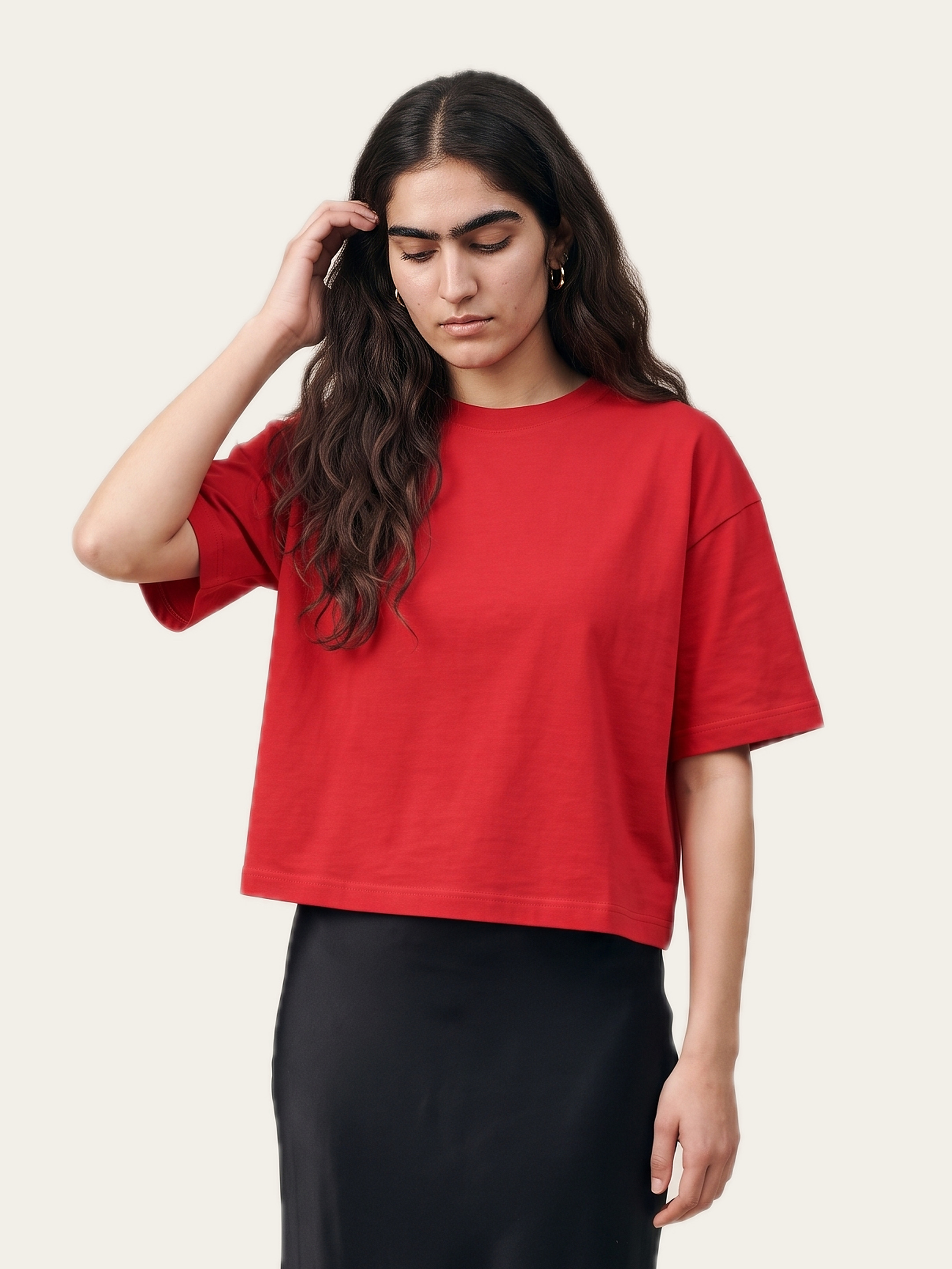 CORE crop tee in Agni Red with a black skirt