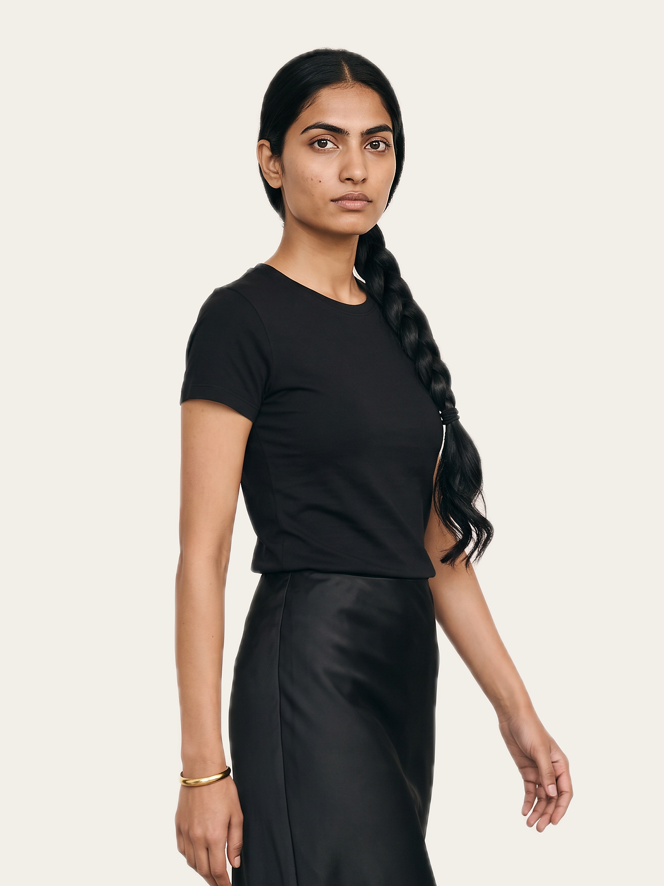 The CORE Fitted Crew Tee in Noor Black on a model