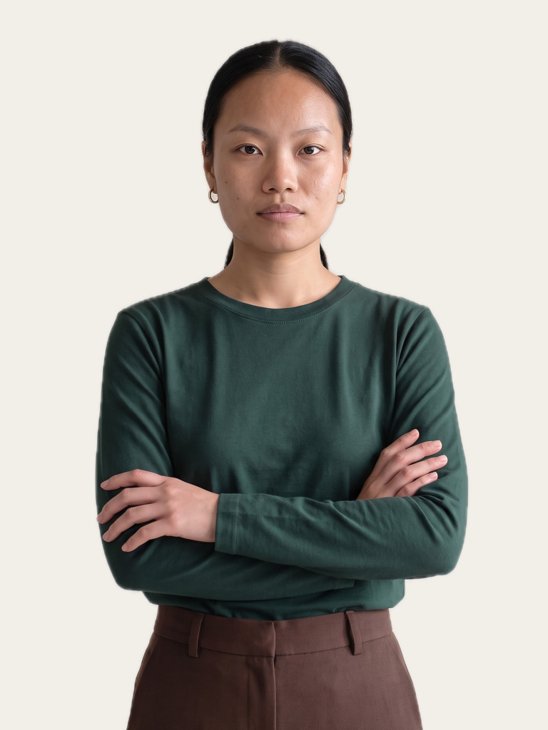 CORE Long Sleeve Tee in Arav Green, styled, worn by a model