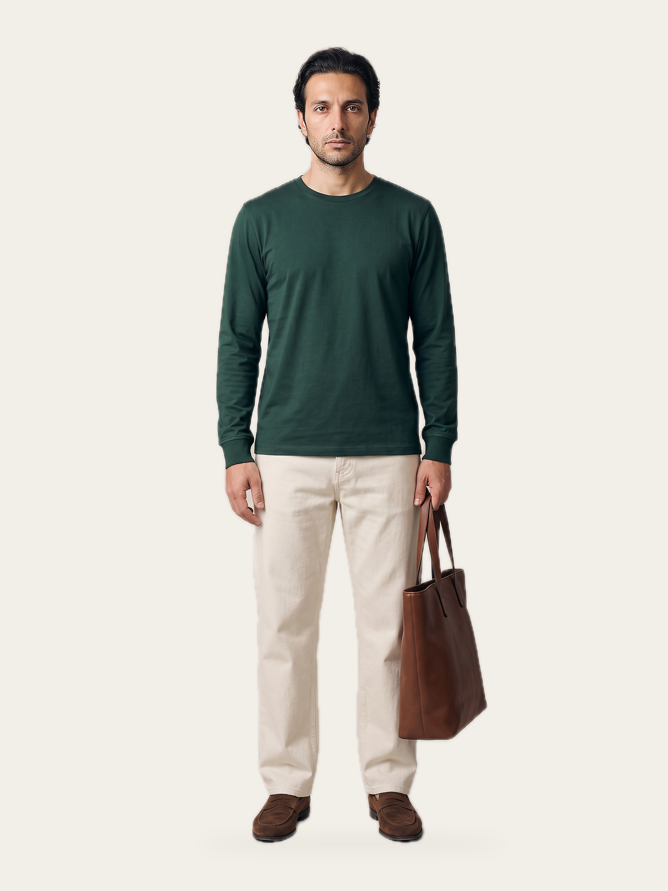 Man wearing an Arav Green CORE Long Sleeve Tee, front view
