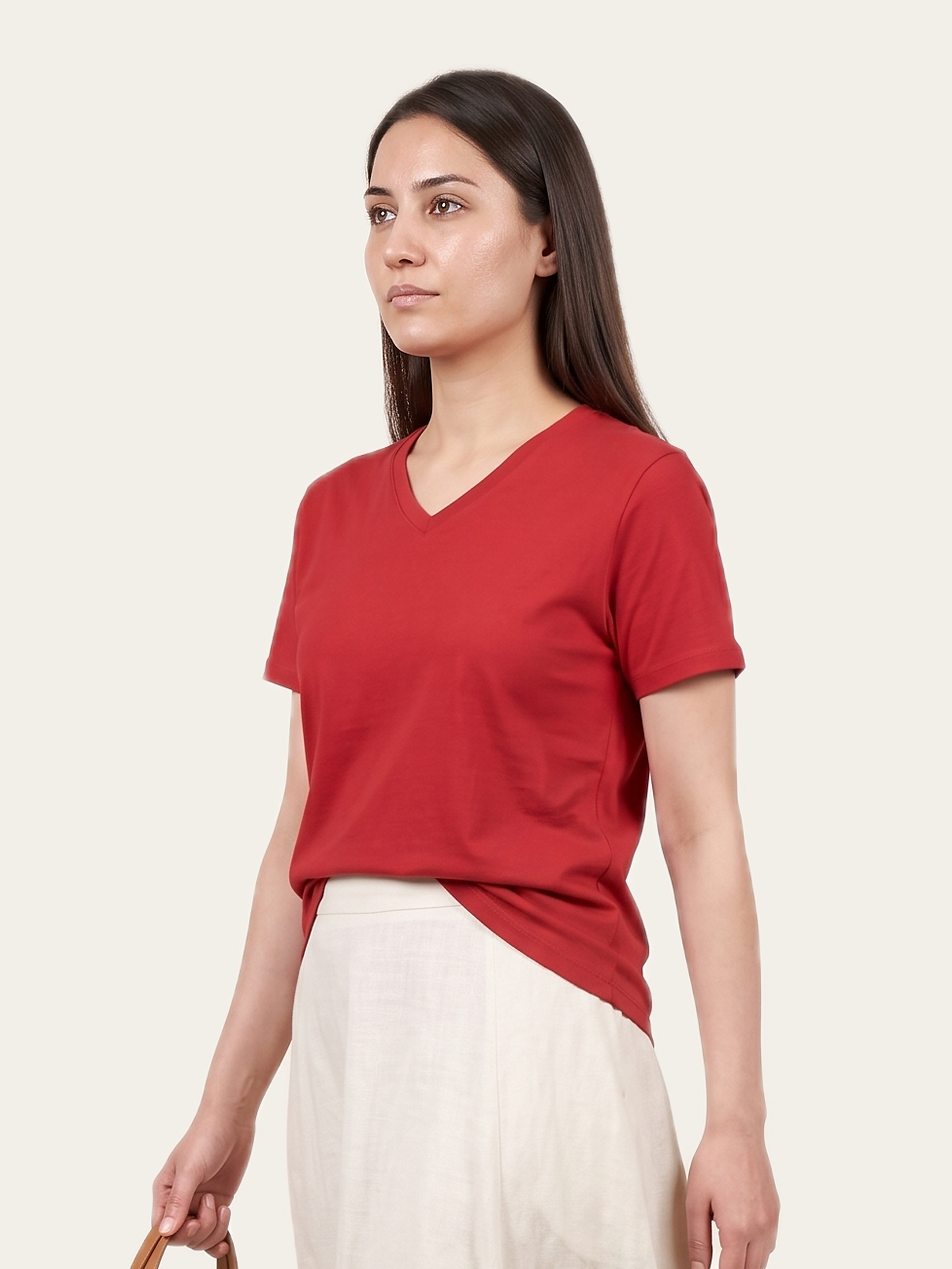 CORE V-Neck Tee in Agni Red, worn by a model