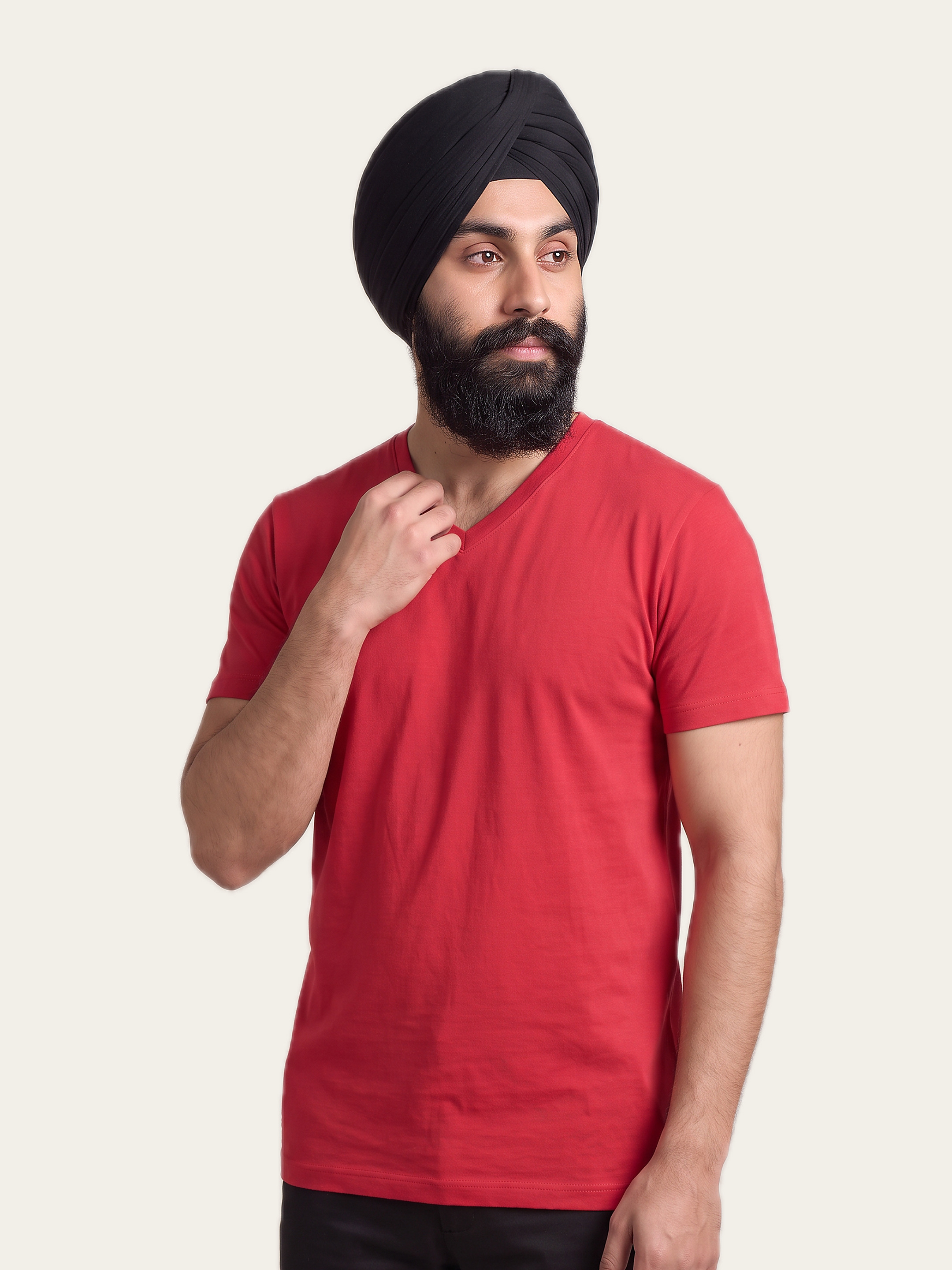 CORE V-Neck Tee in Agni Red styled on a model