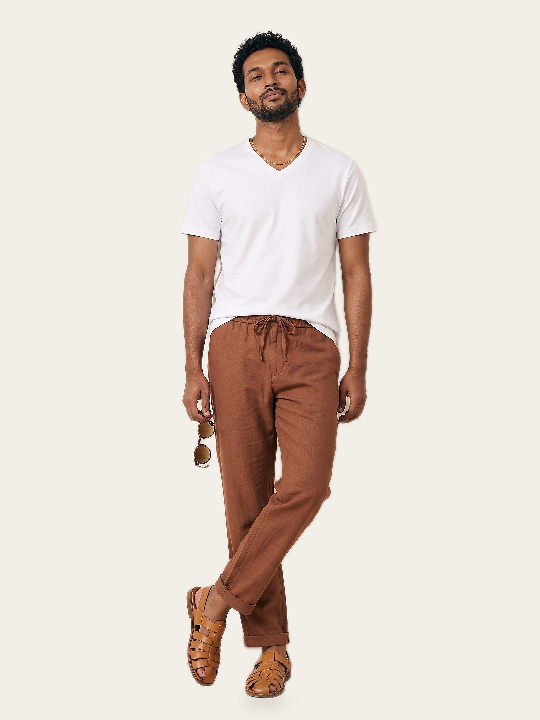 CORE V neck tee in Rui White with drawstring trousers and sandals