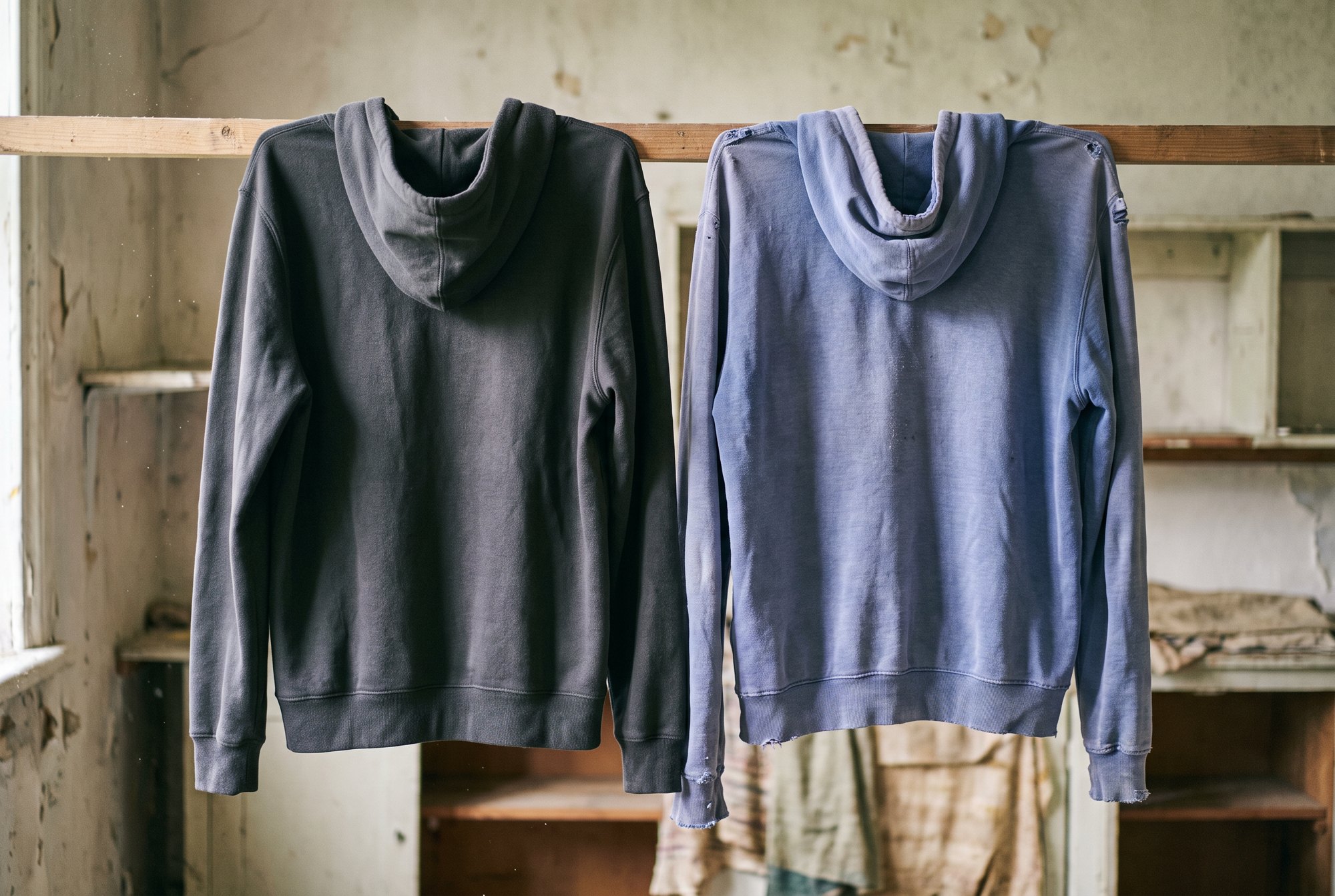 Two hoodies hung side by side on a rail: one crisp and shapely dark hoodie