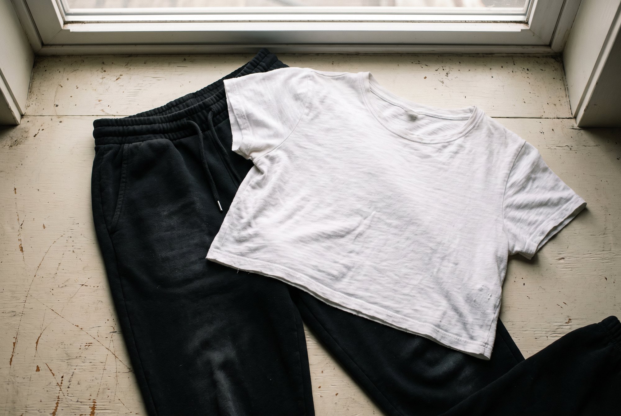 A white cropped tee laid on top of high-waisted black joggers on a pale floor
