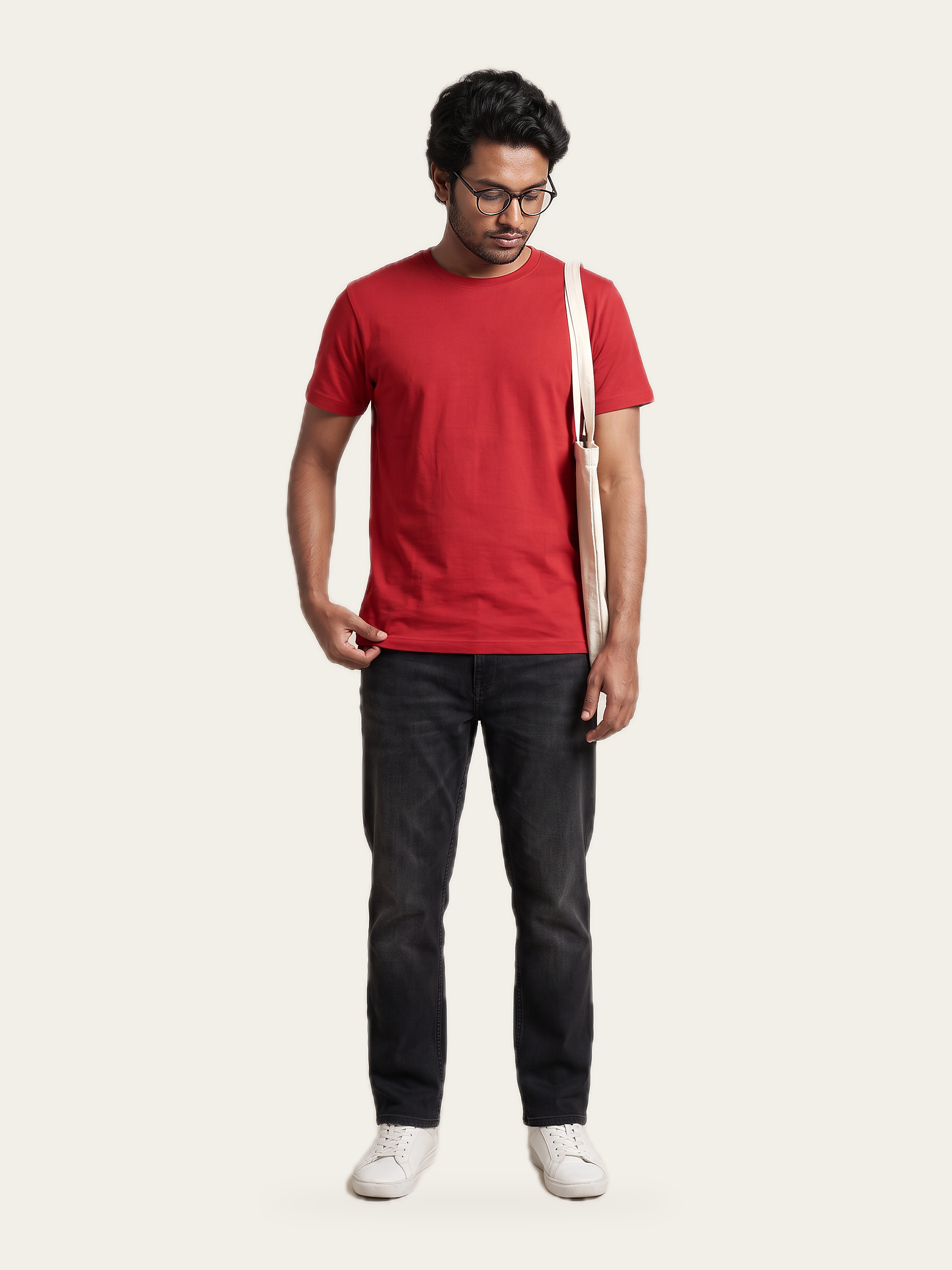 DAILY tee in Agni Red, front, with dark denim