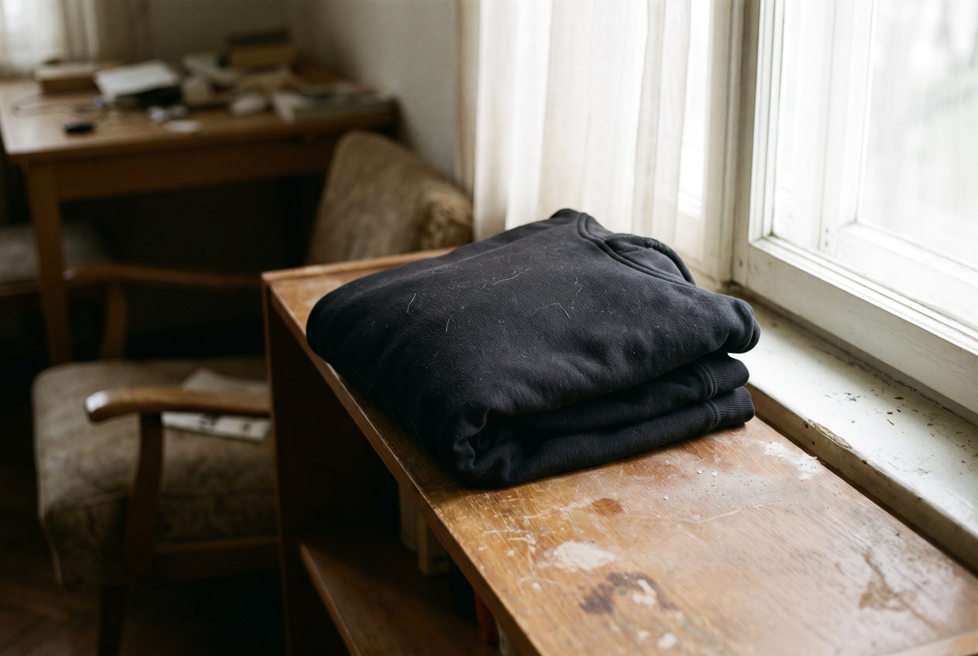 One plain black hoodie neatly folded on an otherwise empty wooden shelf in a quiet room