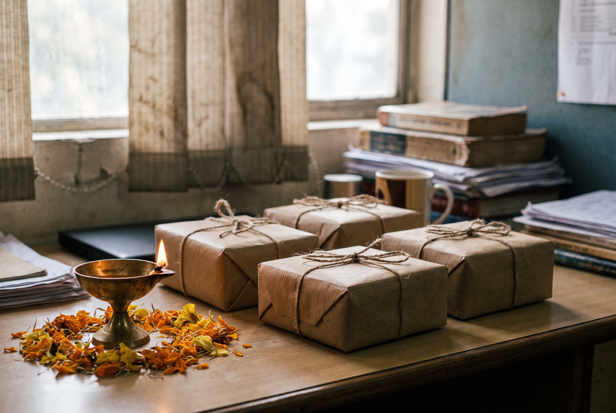 A row of small identical brown-paper wrapped gifts on a desk with a brass diya lit softly to the side and marigold petal