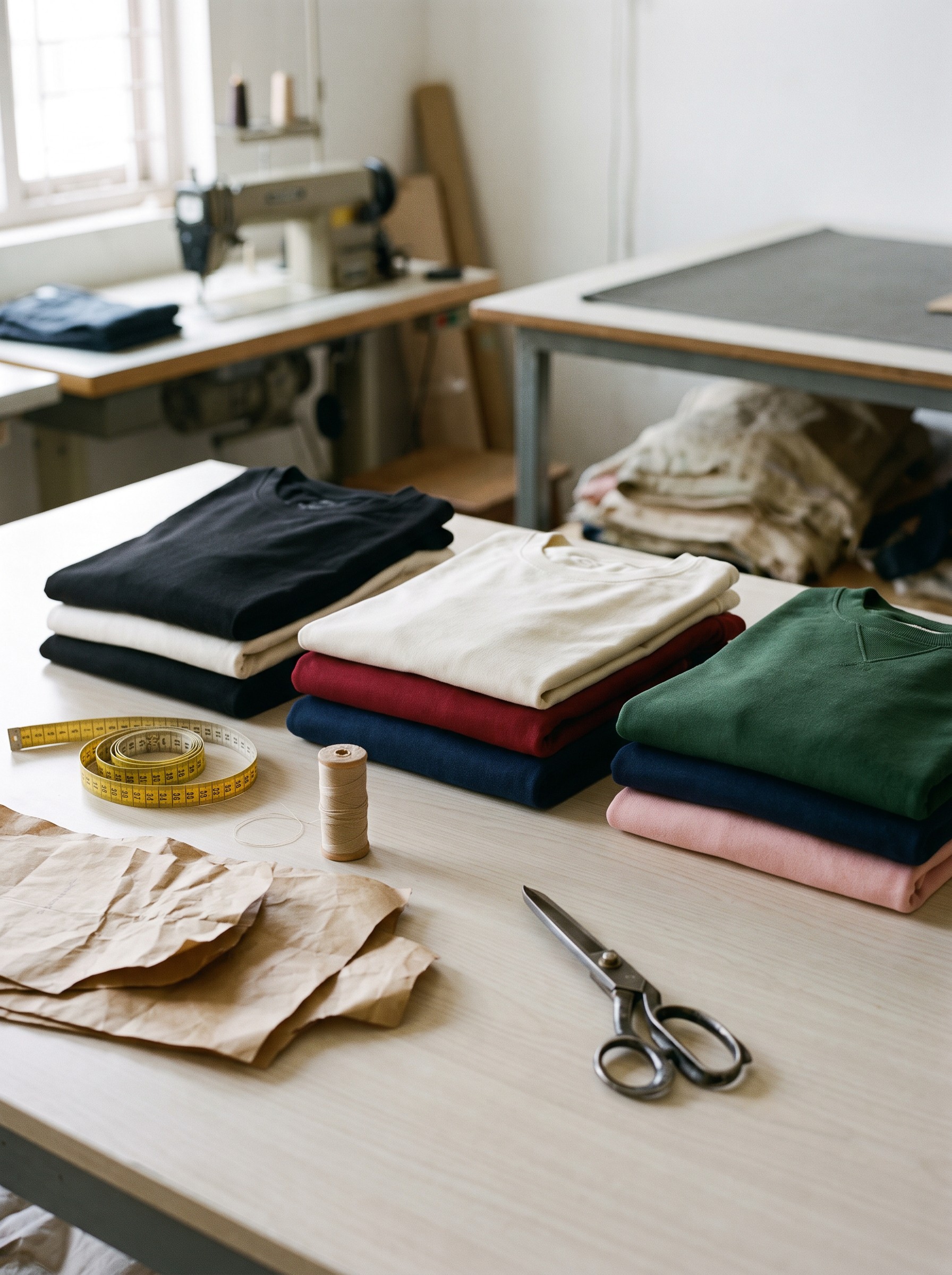 Folded EKVAAR pieces in the six house colours on a studio table