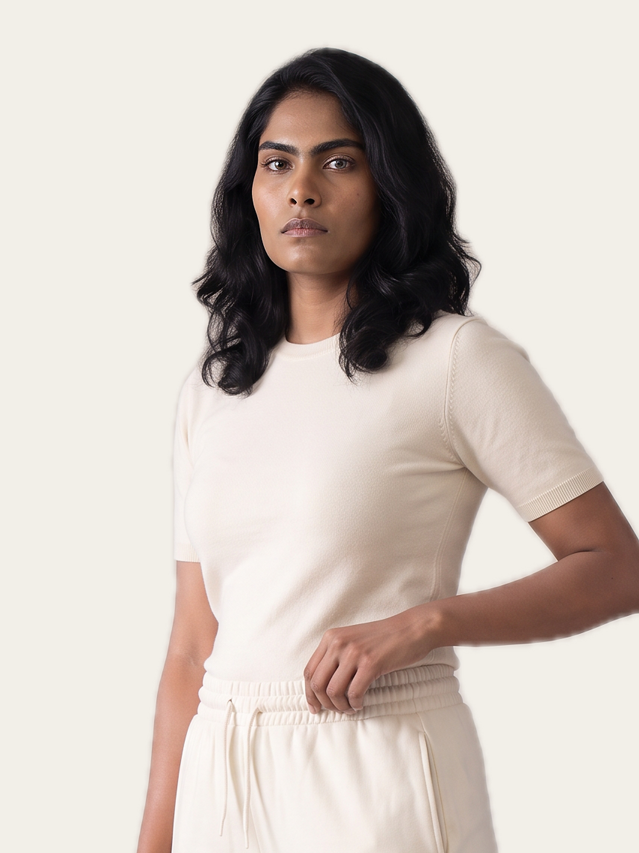 ESSENCE Sweatpants in Rui White, styled with a plain tee