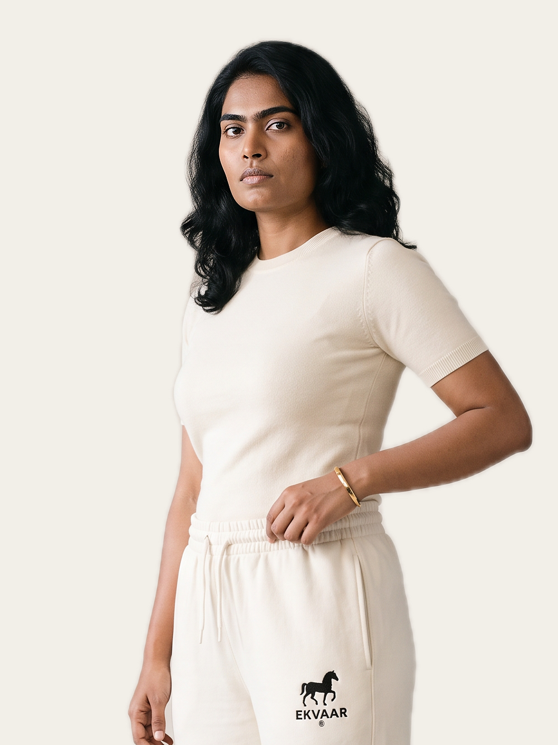 ESSENCE sweatpants in Rui White, worn with a matching tee