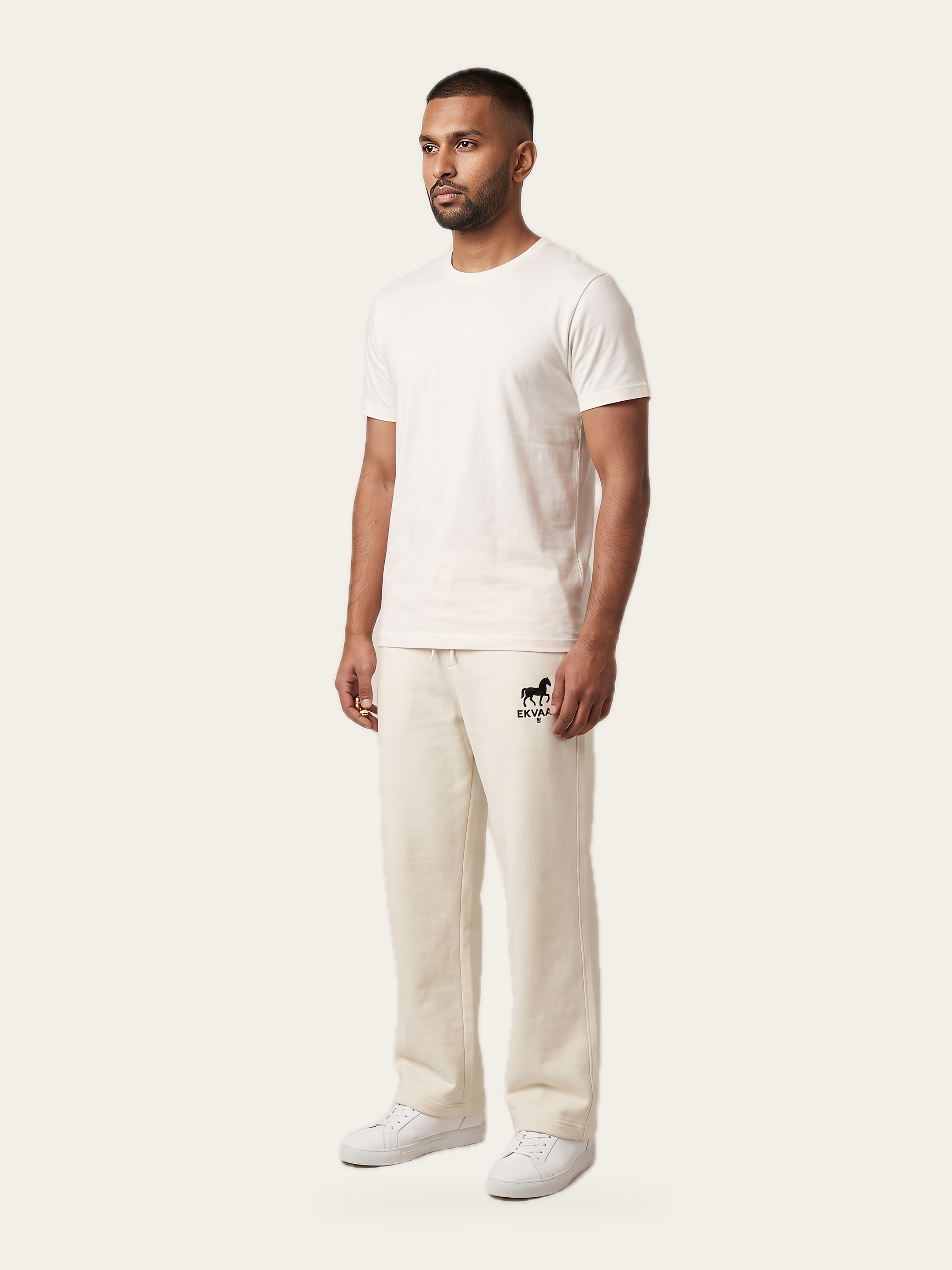 ESSENCE Sweatpants in Rui White, front, worn by a model, the Luxe pair among our joggers, sweatpants and shorts