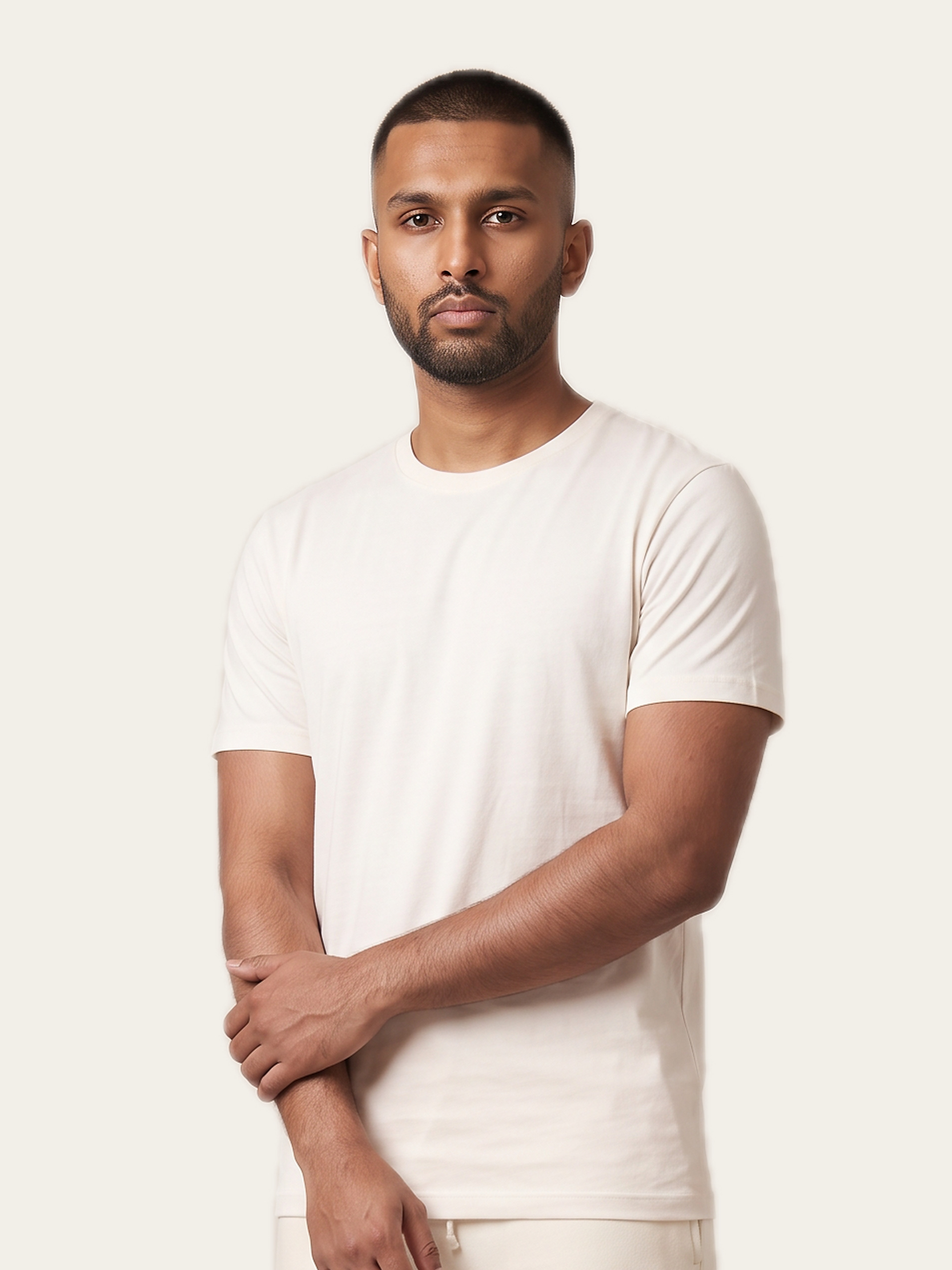 ESSENCE sweatpants in Rui White, styled, worn by a model