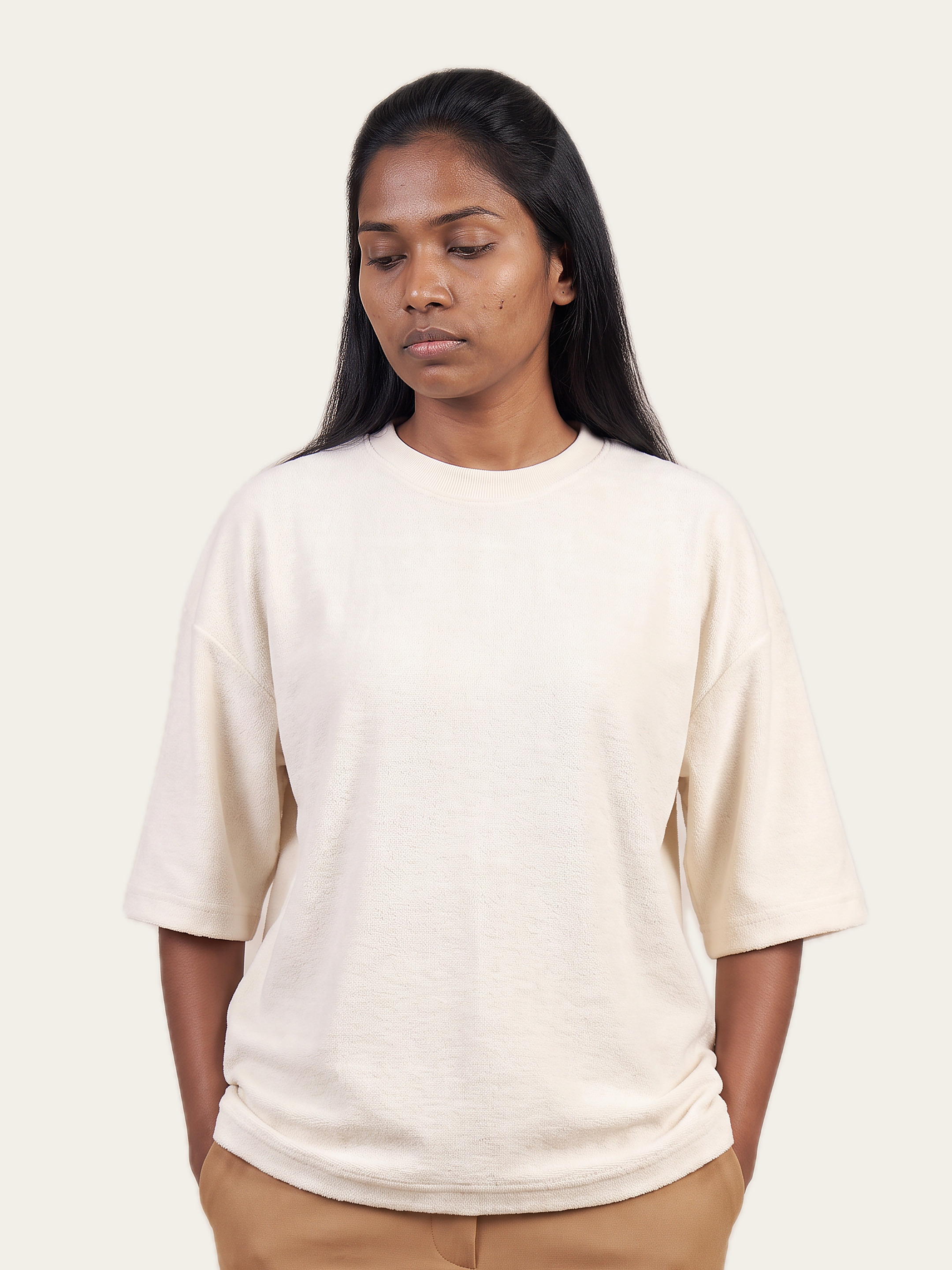 ESSENCE Terry Tee in Rui White, styled, worn by a model