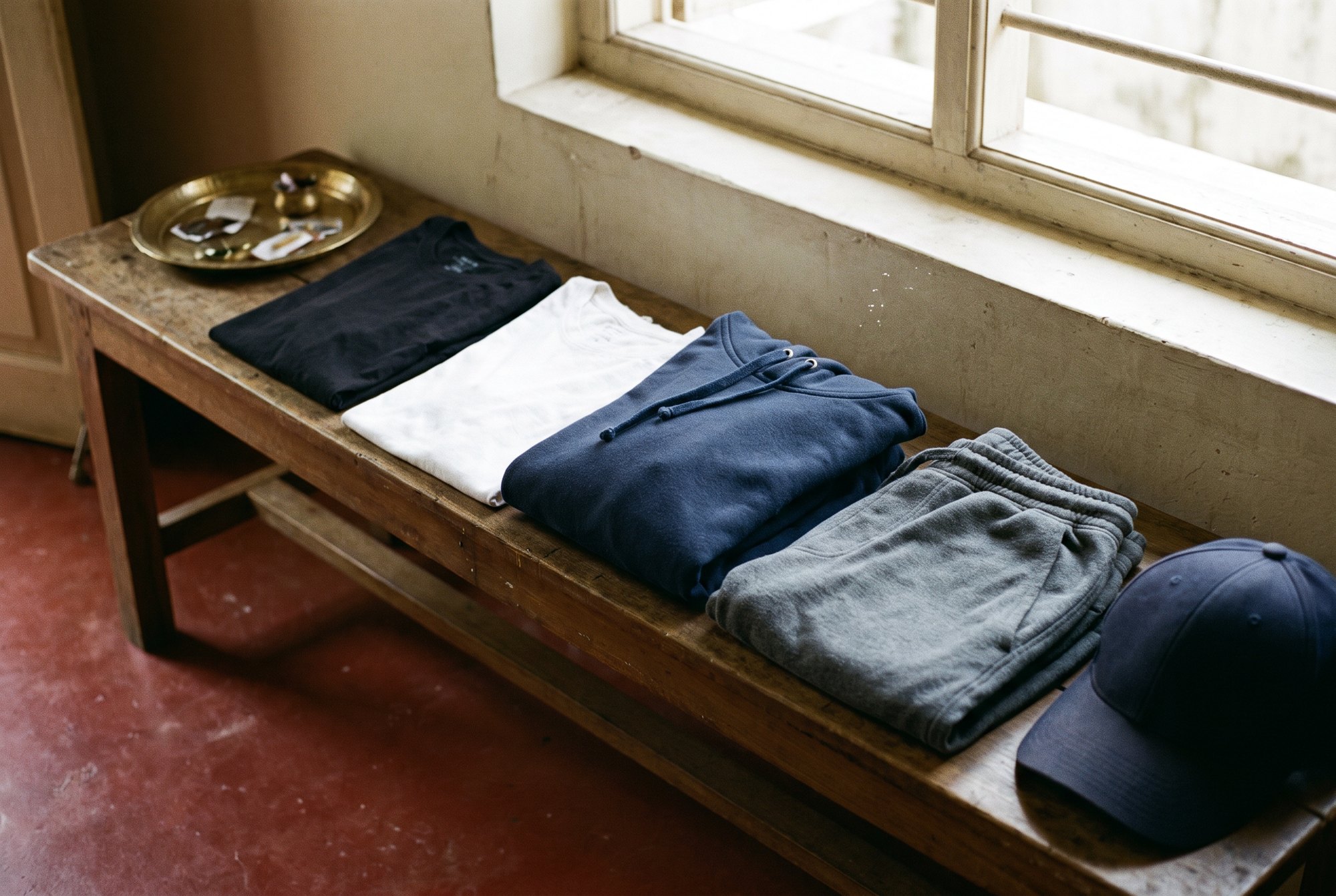 Five plain folded pieces (two tees