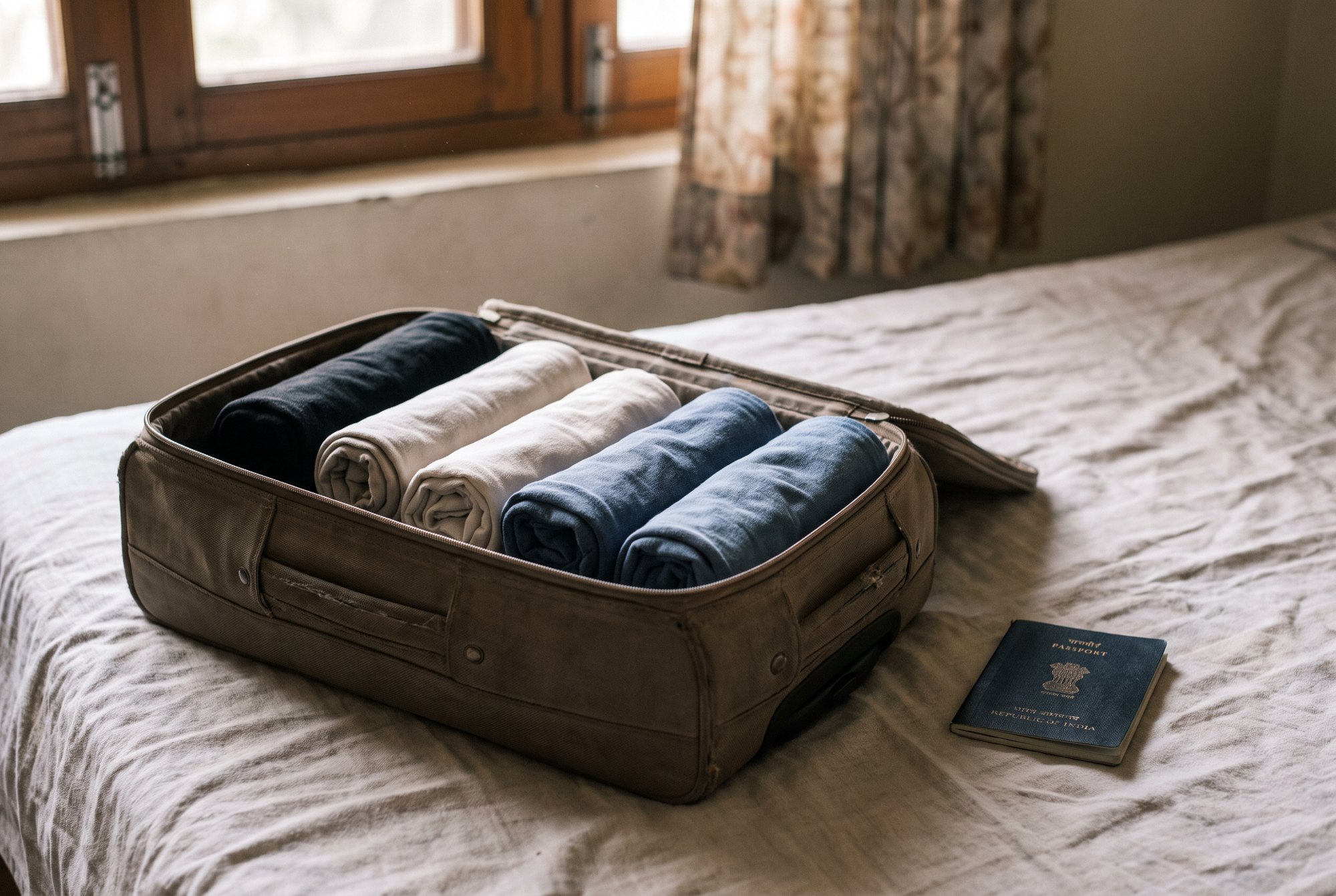 An open cabin suitcase on a bed with a cotton bedsheet packed neatly with six plain rolled clothing pieces in black