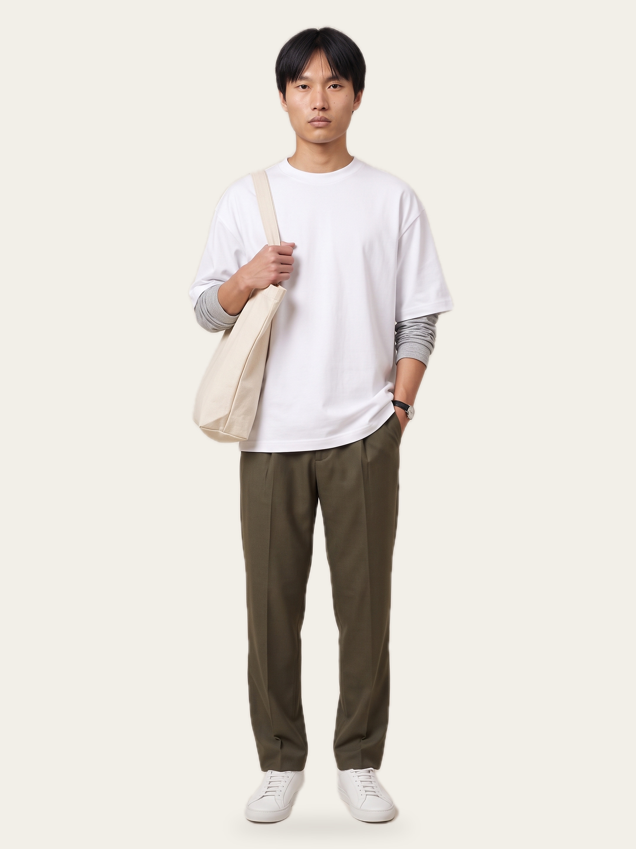 Model wearing the FORM Oversized Tee in Rui White with dropped shoulders