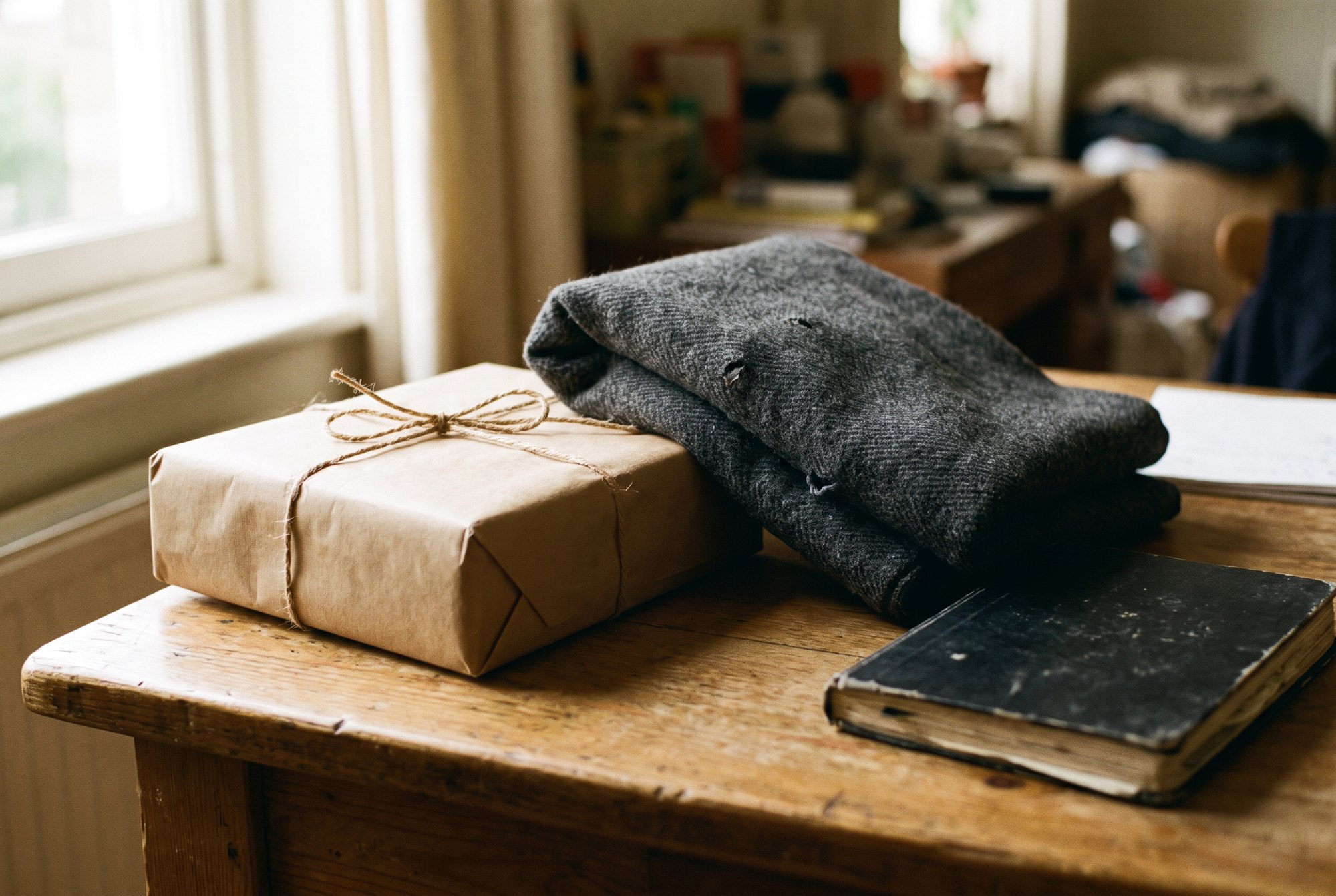 A plain kraft-paper wrapped gift tied with simple jute twine beside a folded dark stole and a black notebook on a wooden
