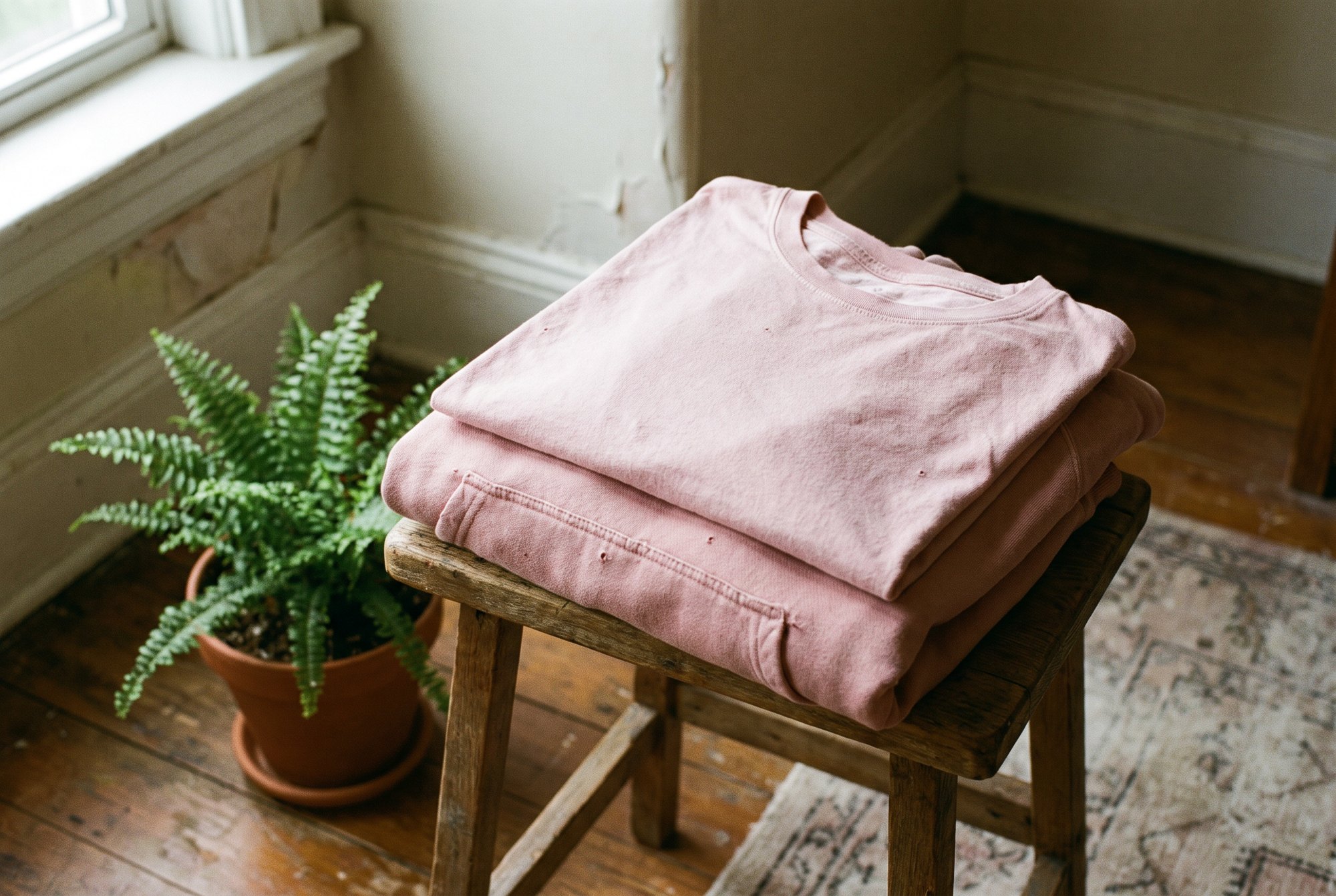 A pale pink cotton tee and hoodie folded on a wooden stool beside a green plant in a terracotta pot