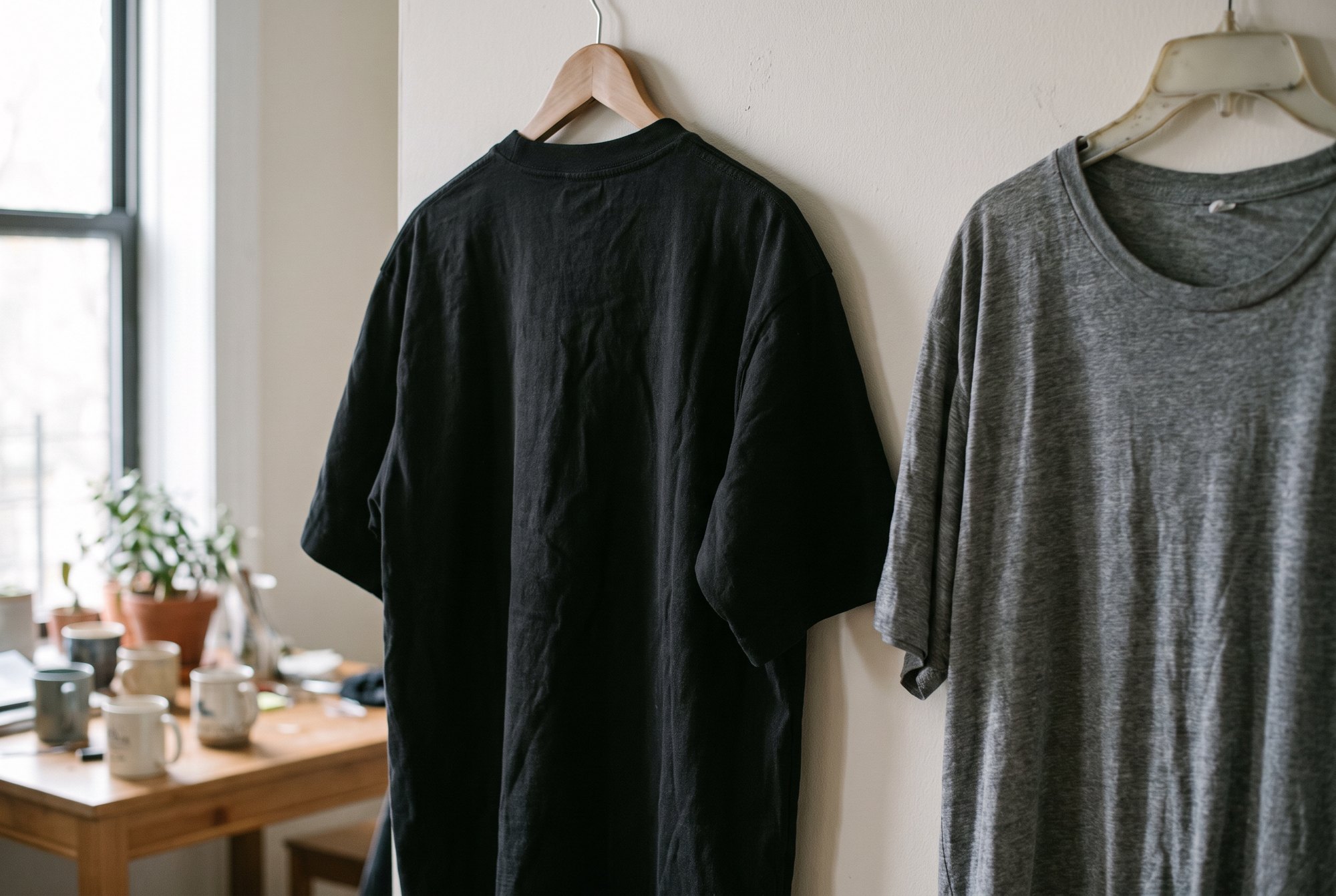 A thick heavyweight black tee hung neatly on a hanger with sharp shoulders next to a thin limp one