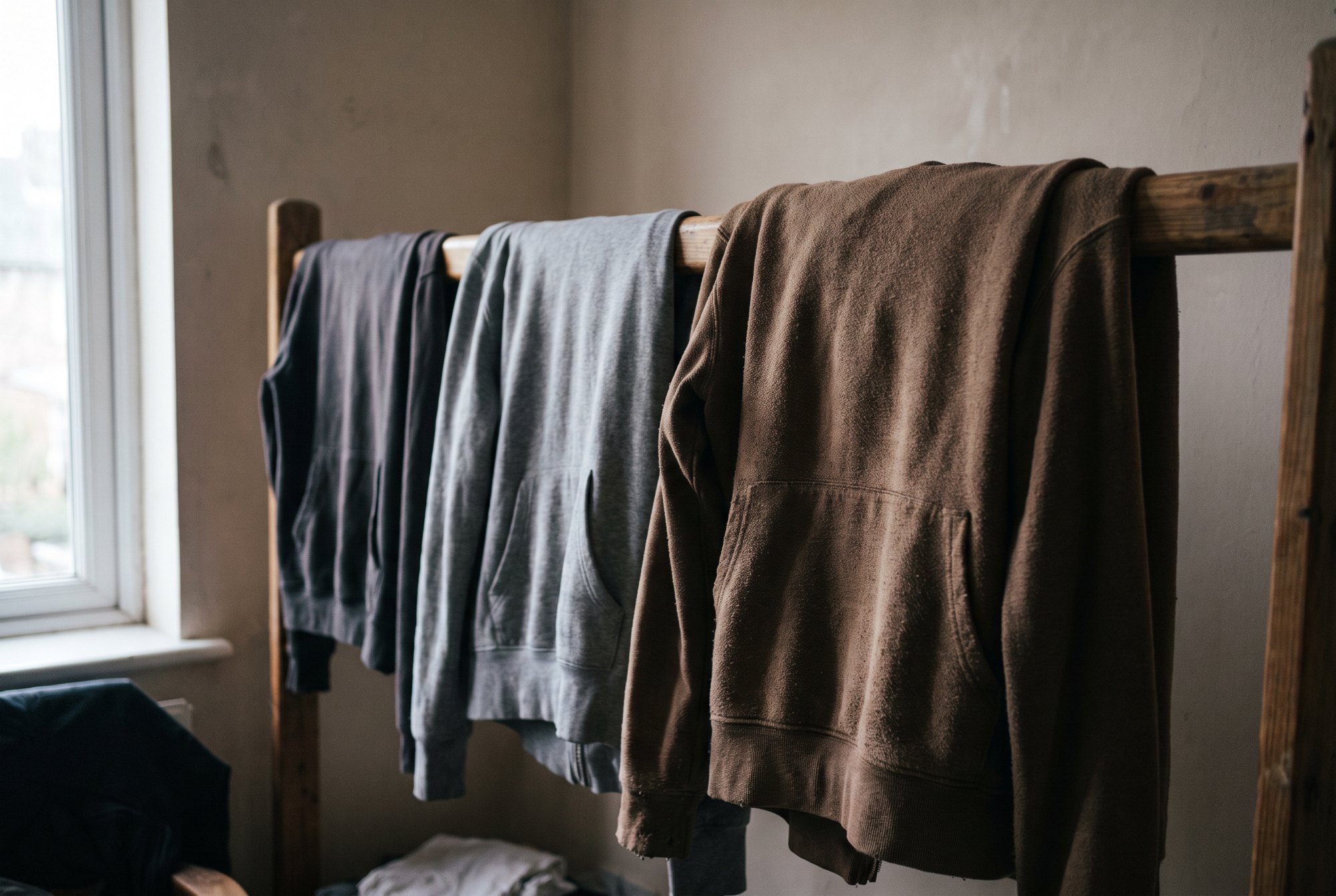 Three plain hoodies of visibly different thickness draped over a wooden rail