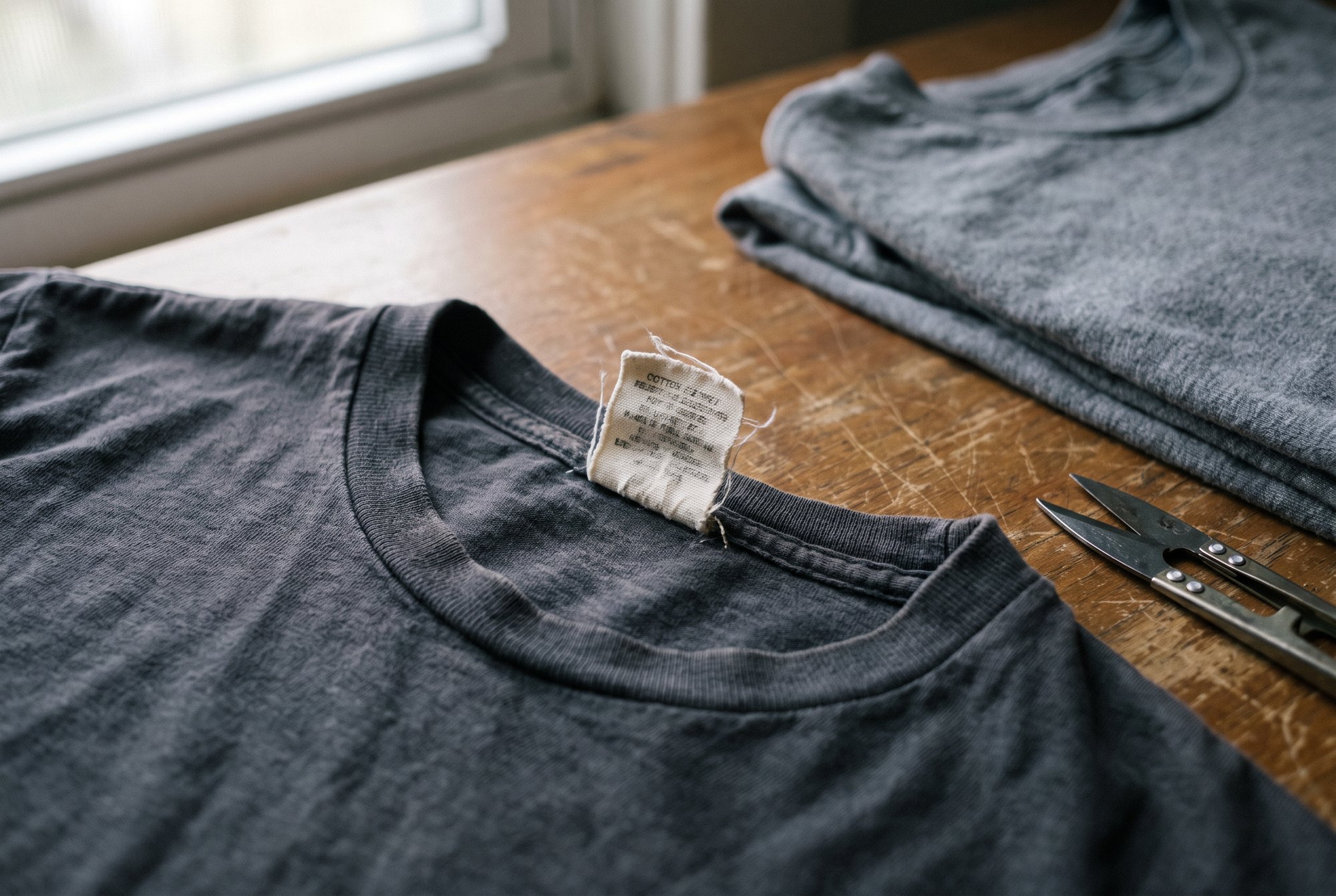 A fabric care label stitched into the inner neck of a plain cotton tee