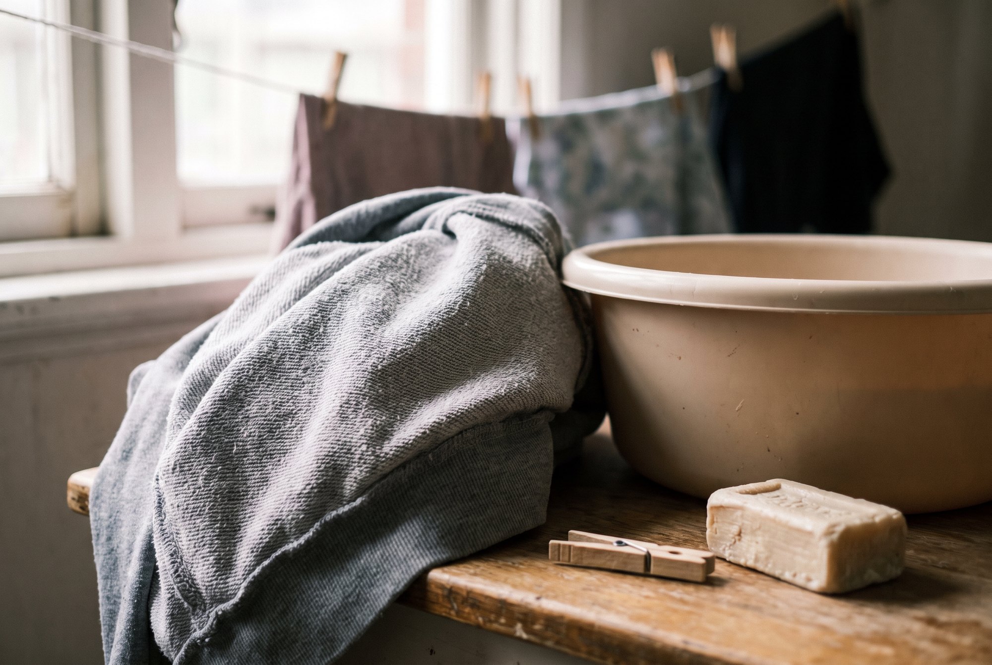 A plain hoodie turned inside-out and folded beside a plastic laundry basin