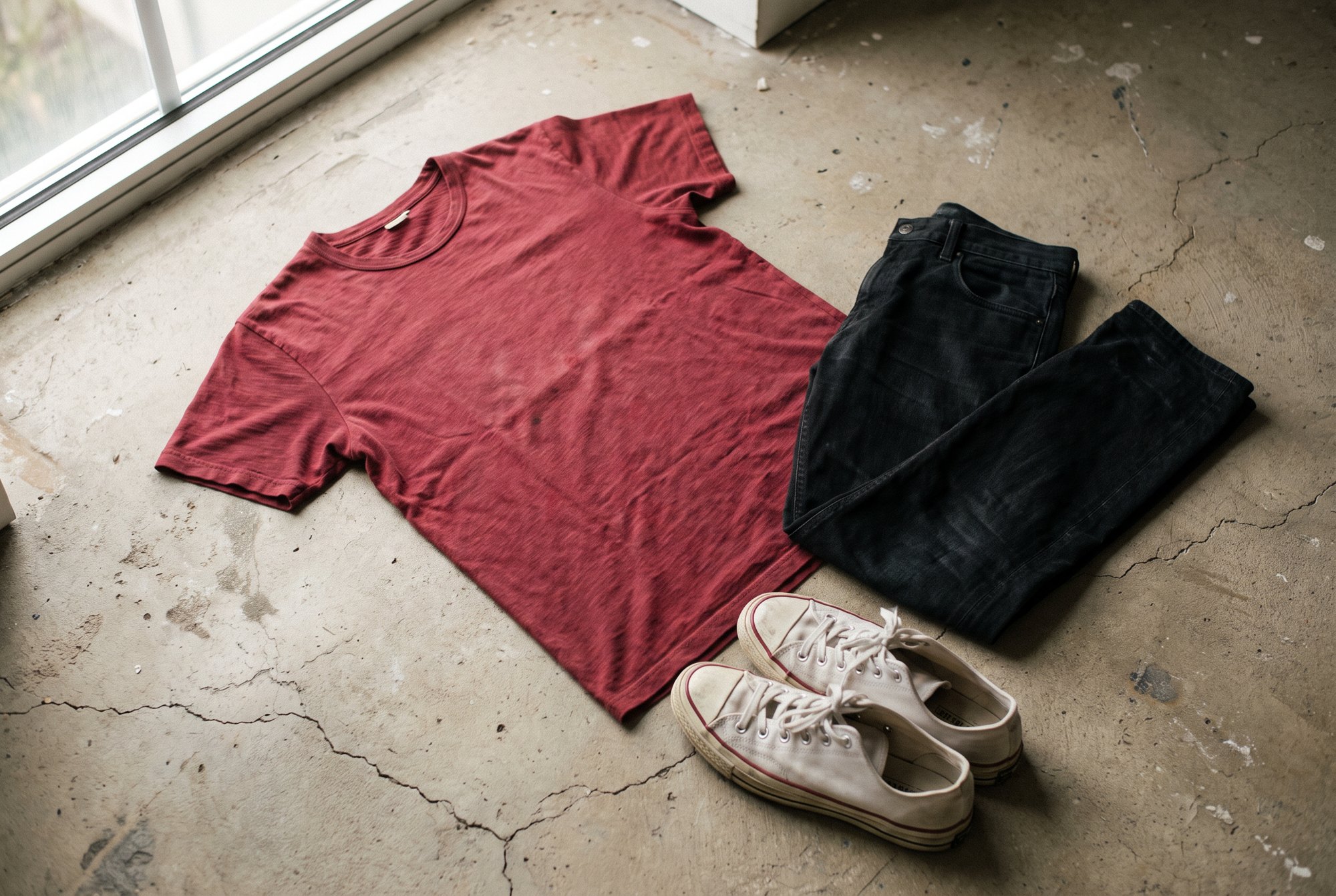 A deep red cotton tee laid flat on a plain concrete floor with black jeans and white sneakers arranged as an outfit
