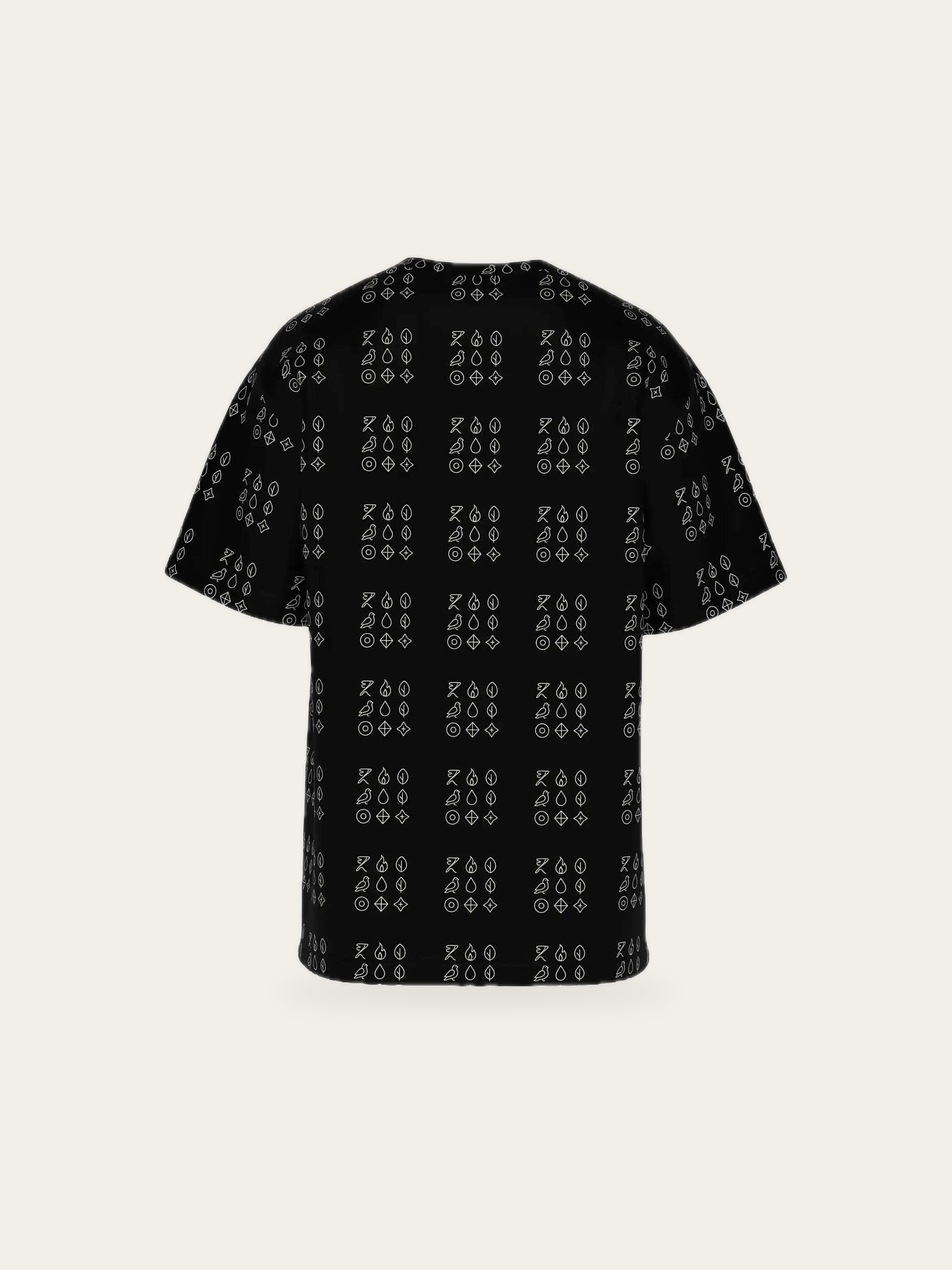 Kaal Grid Oversized Tee, a closer view of the Kaal Grid glyph pattern