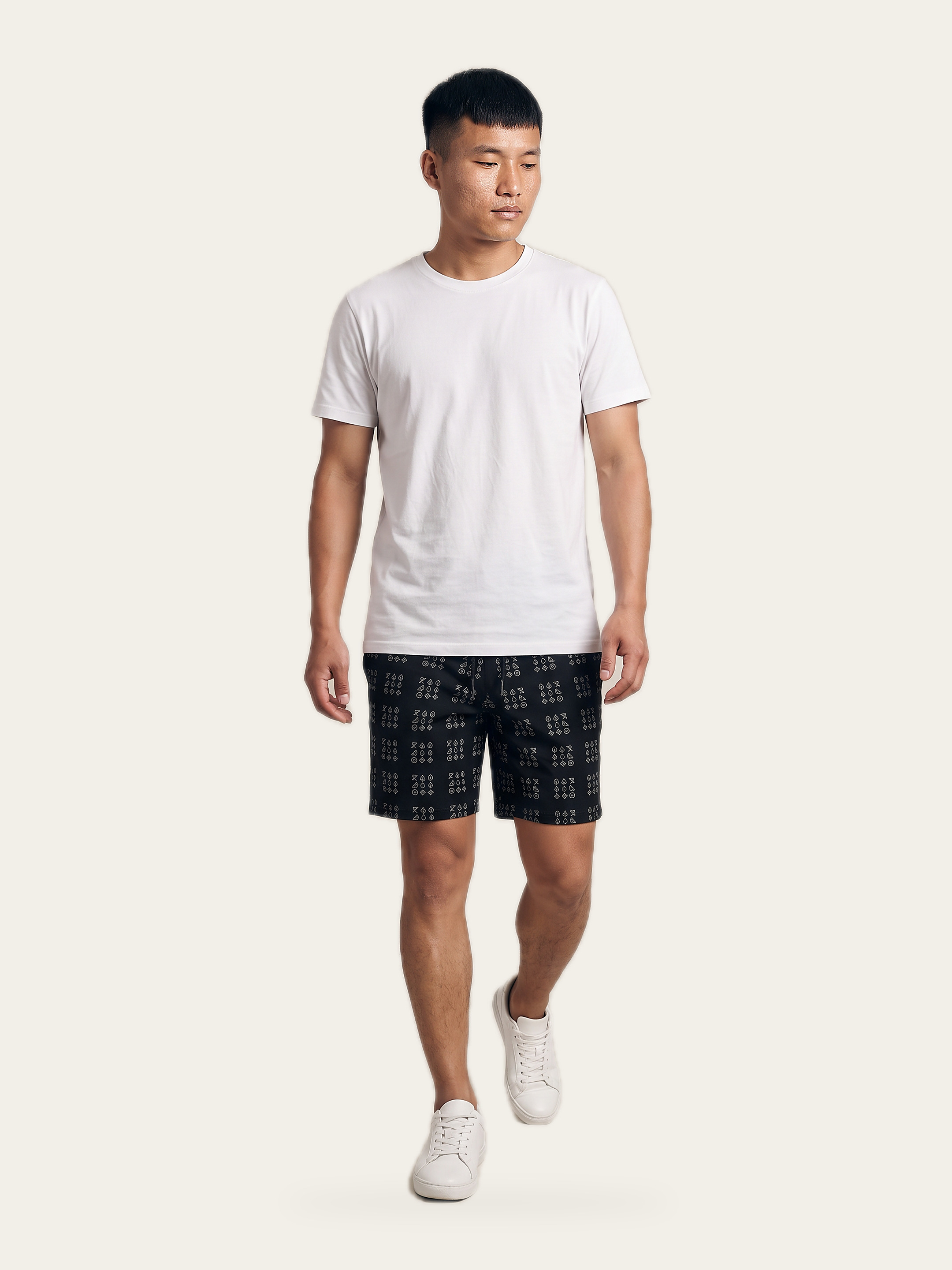 Kaal Grid Shorts in Noor Black, 240 GSM micro-knit polyester with a drawstring waist