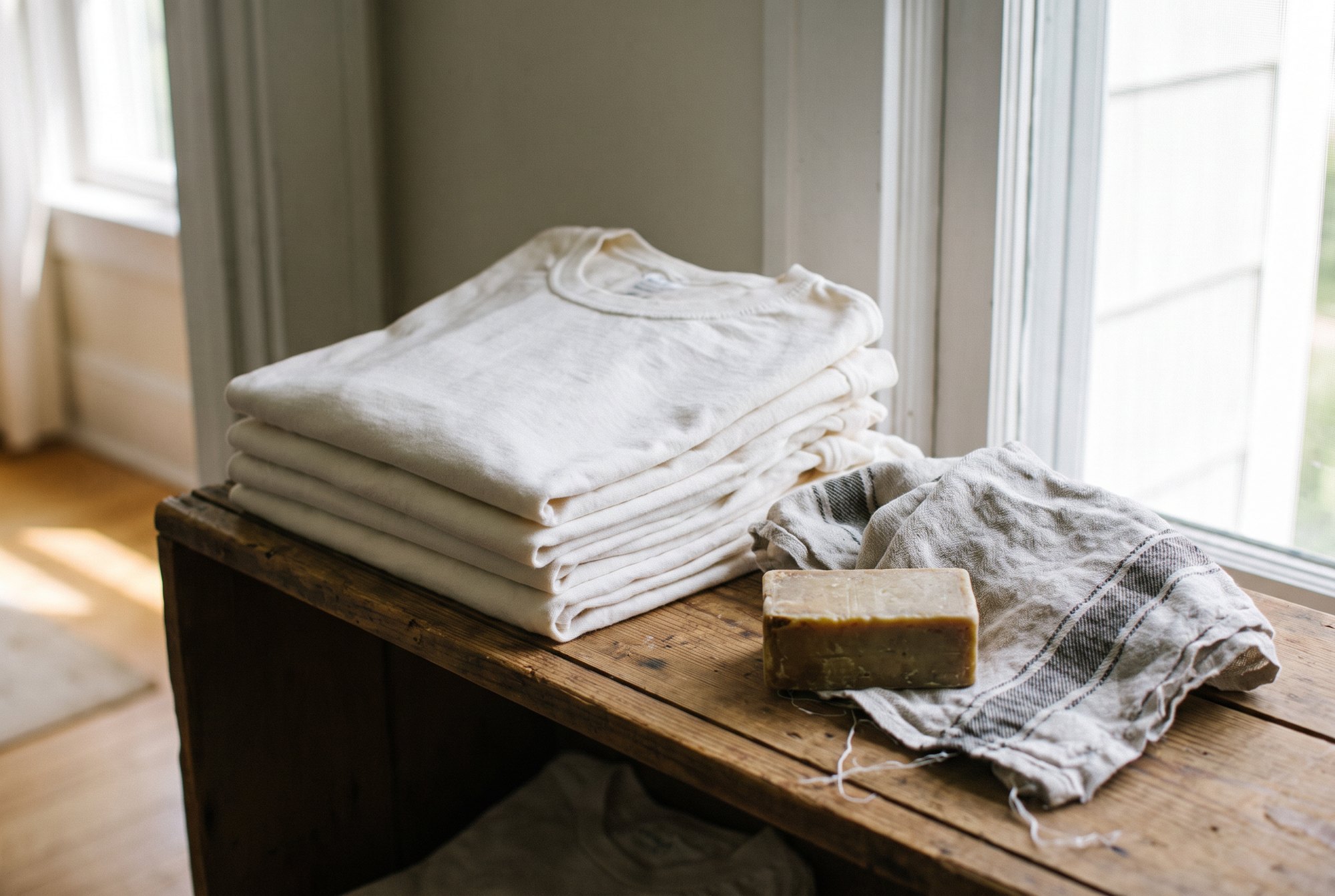 A pile of crisp folded white cotton tees on a clean wooden shelf beside a bar of soap and a linen towel