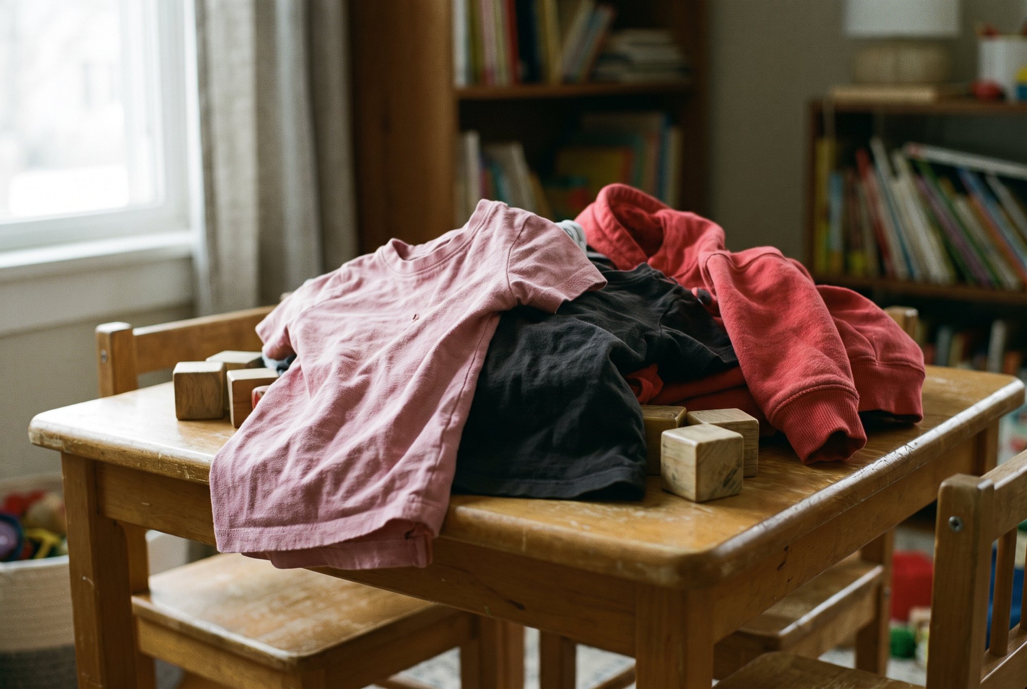 A small pile of children's plain cotton tees and a small hoodie in pink