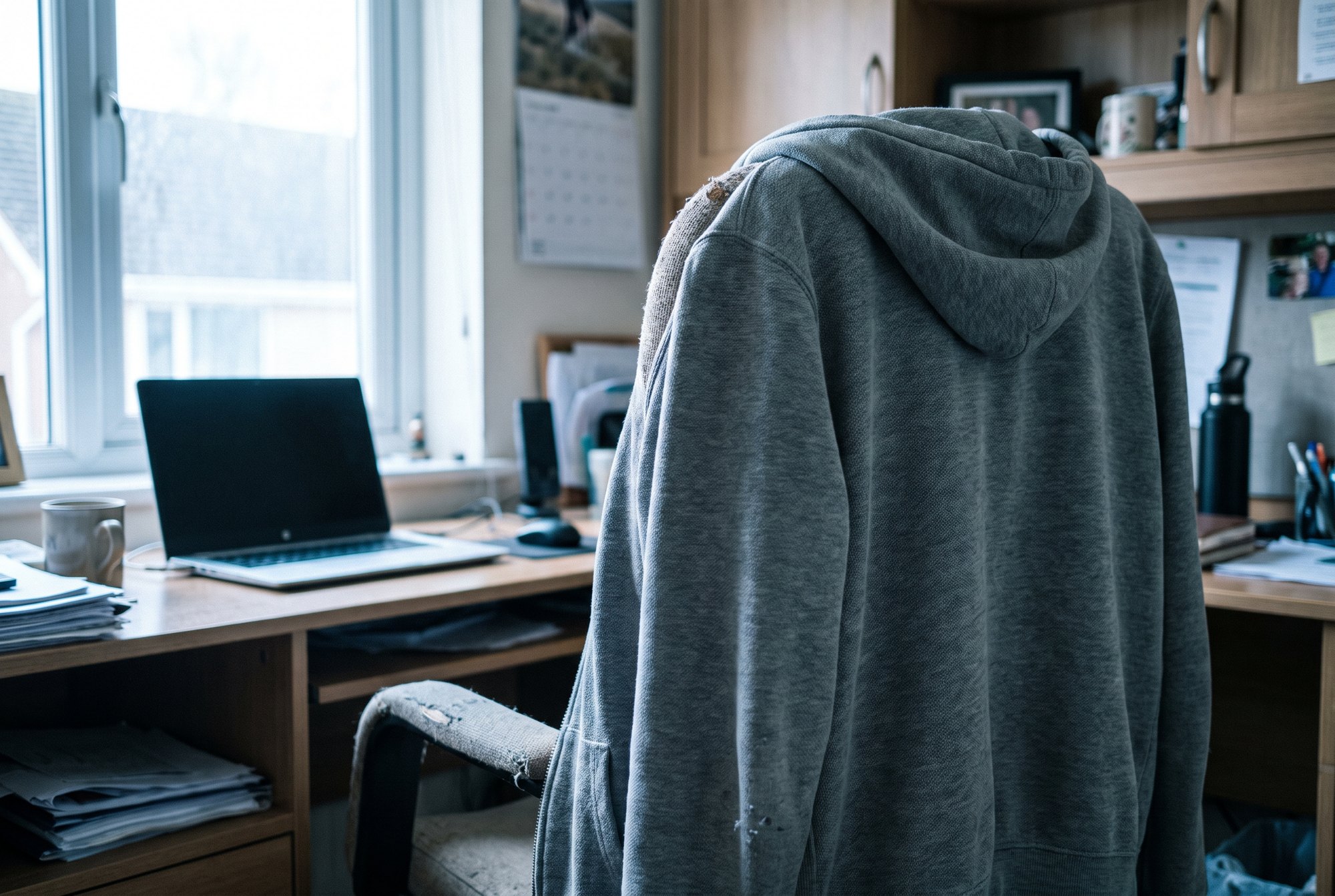 A plain hoodie hung over the back of an office chair in a bright modern office with a laptop on the desk