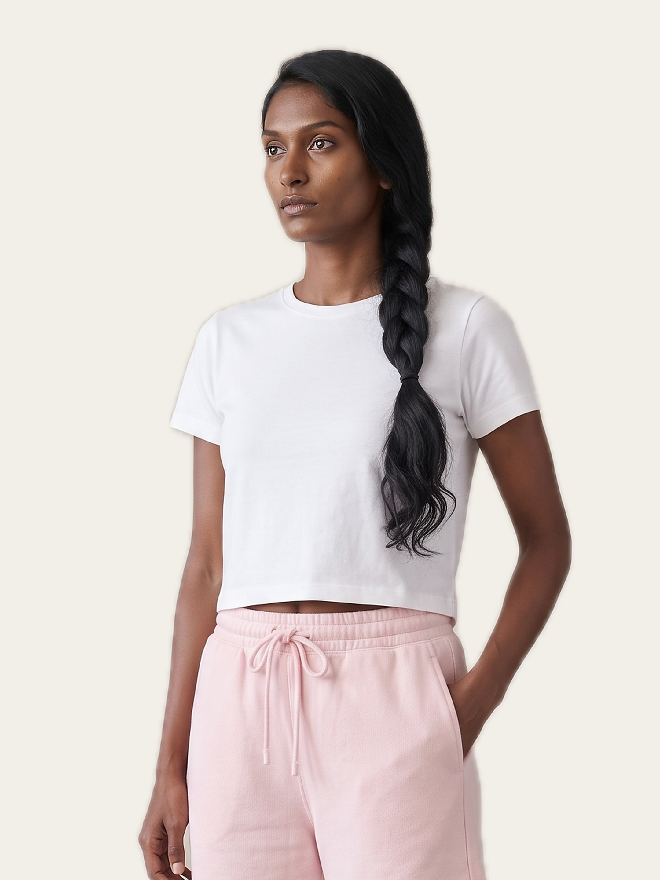 LOOP shorts in Gulabi Pink, worn with a white cropped tee