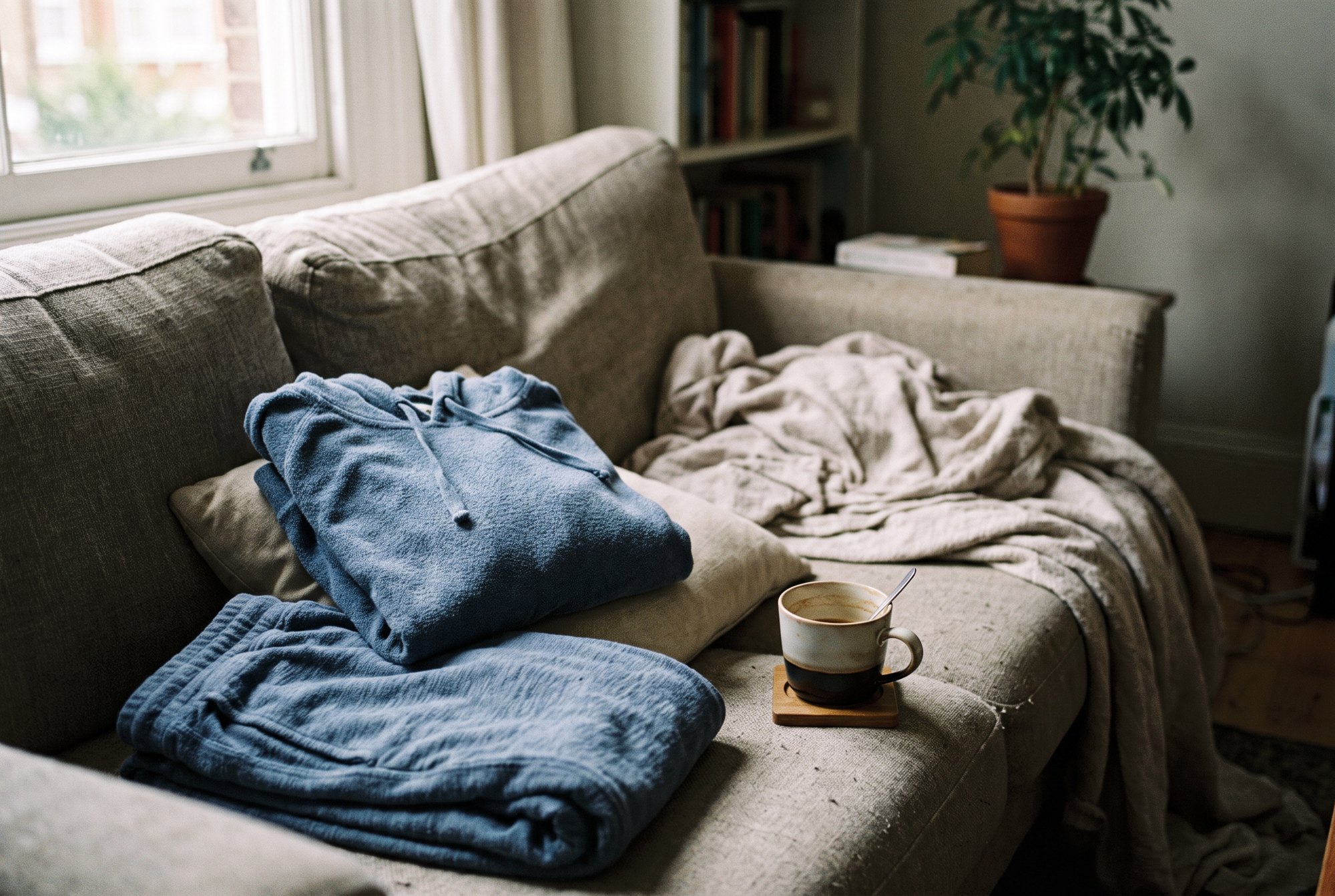 A folded soft terry hoodie and joggers on a sofa with a cushion and a cup of tea