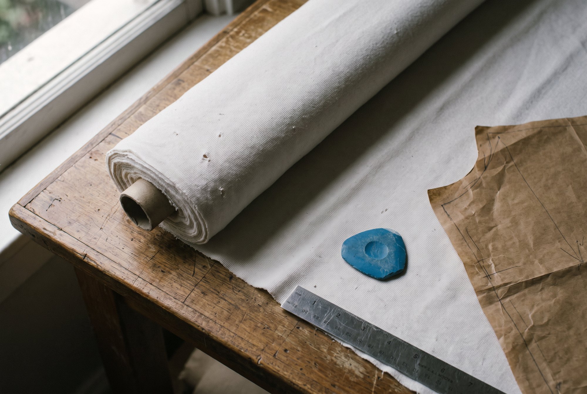 A cutting table seen from above: a bolt of plain white cotton jersey