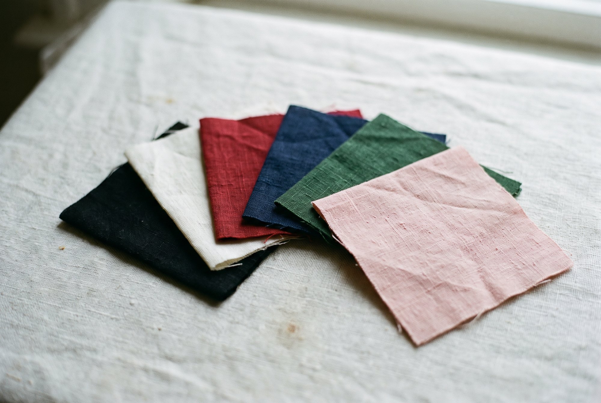 Six small square swatches of plain cotton fabric fanned out on a pale linen surface: black