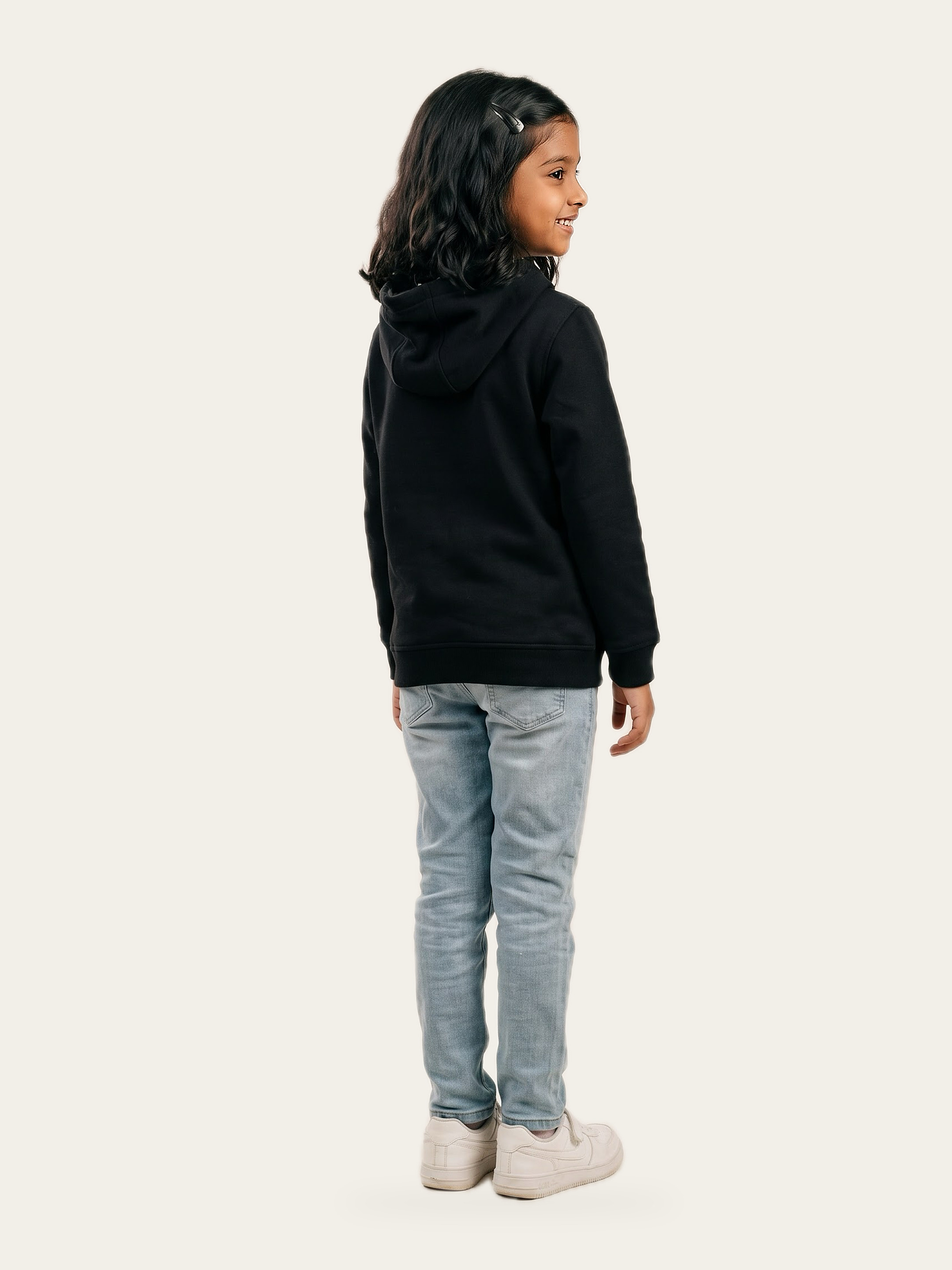 MINI hoodie in Noor Black, back view, with light denim