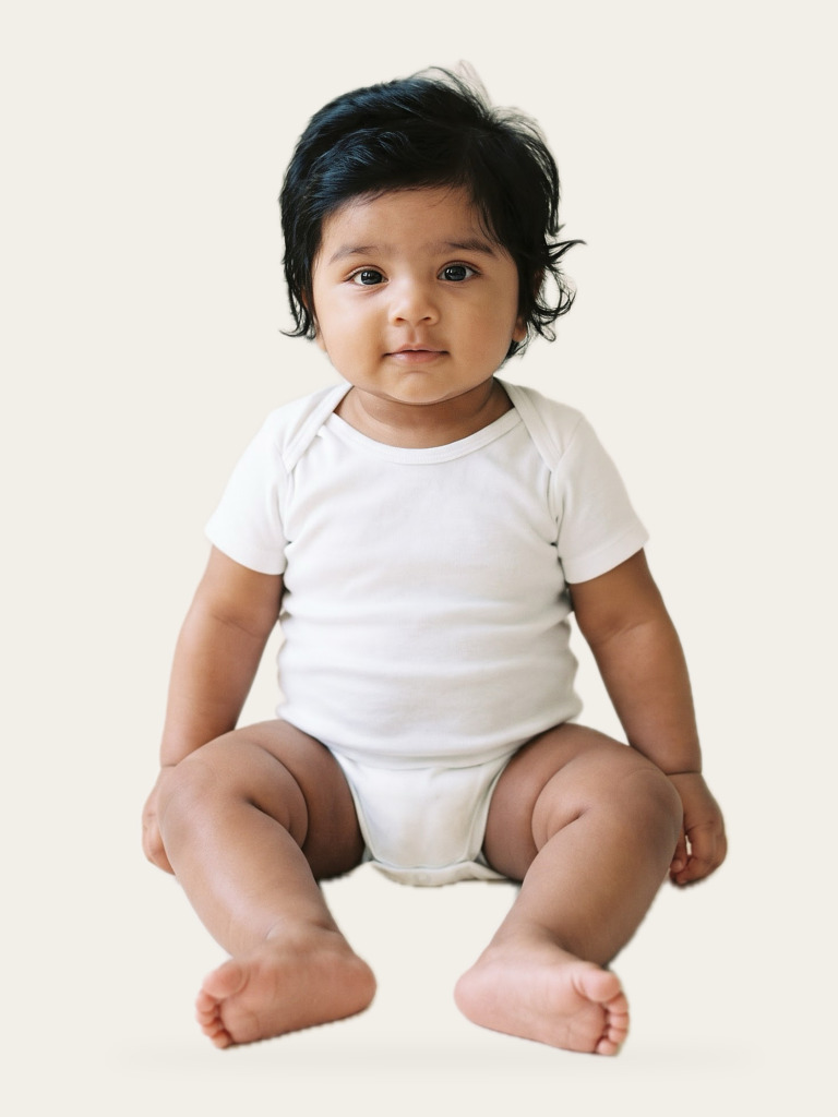 MINI Romper in Rui White, sitting, worn by a model