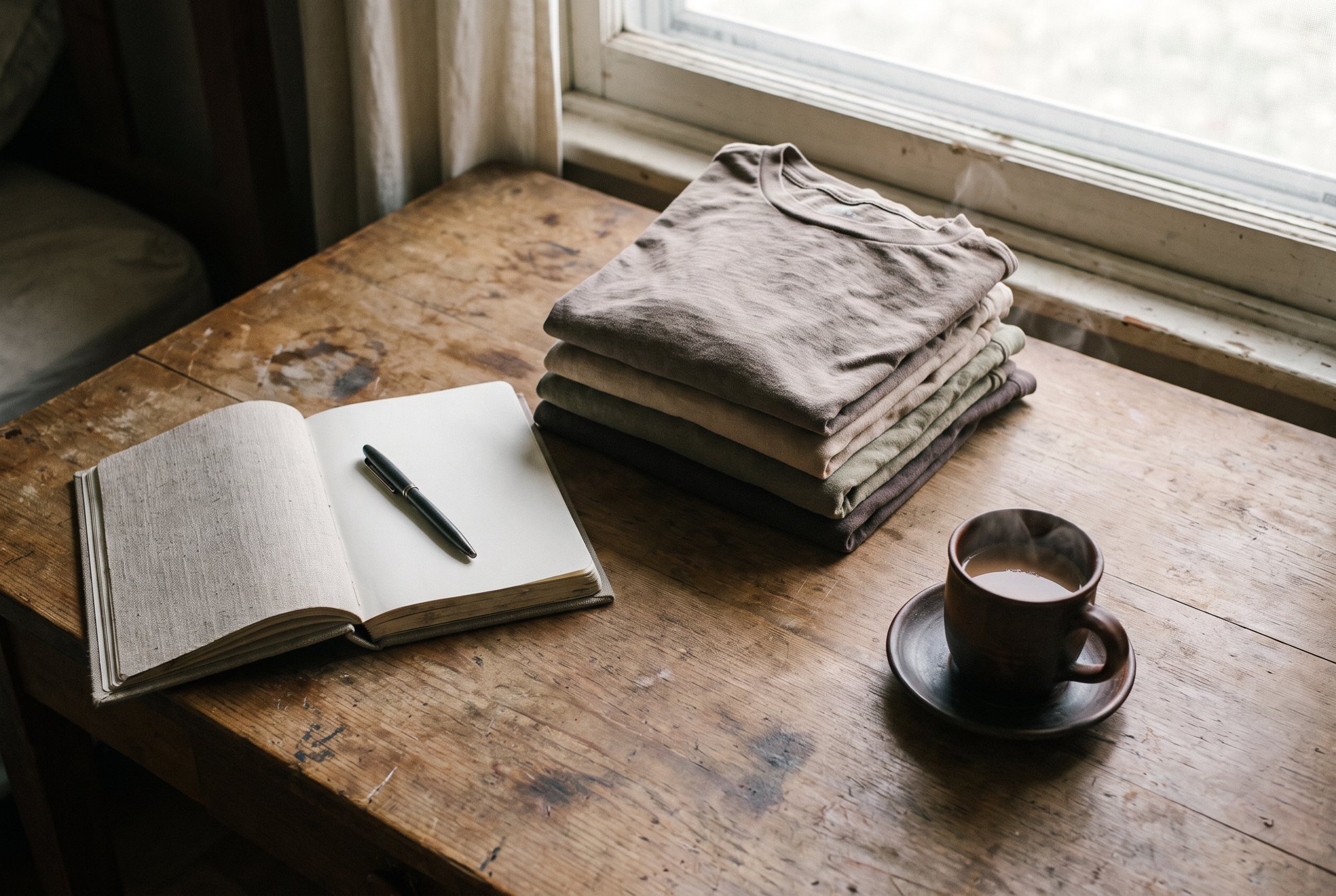 A small notebook with a pen and a neat stack of five folded plain tees on a wooden desk