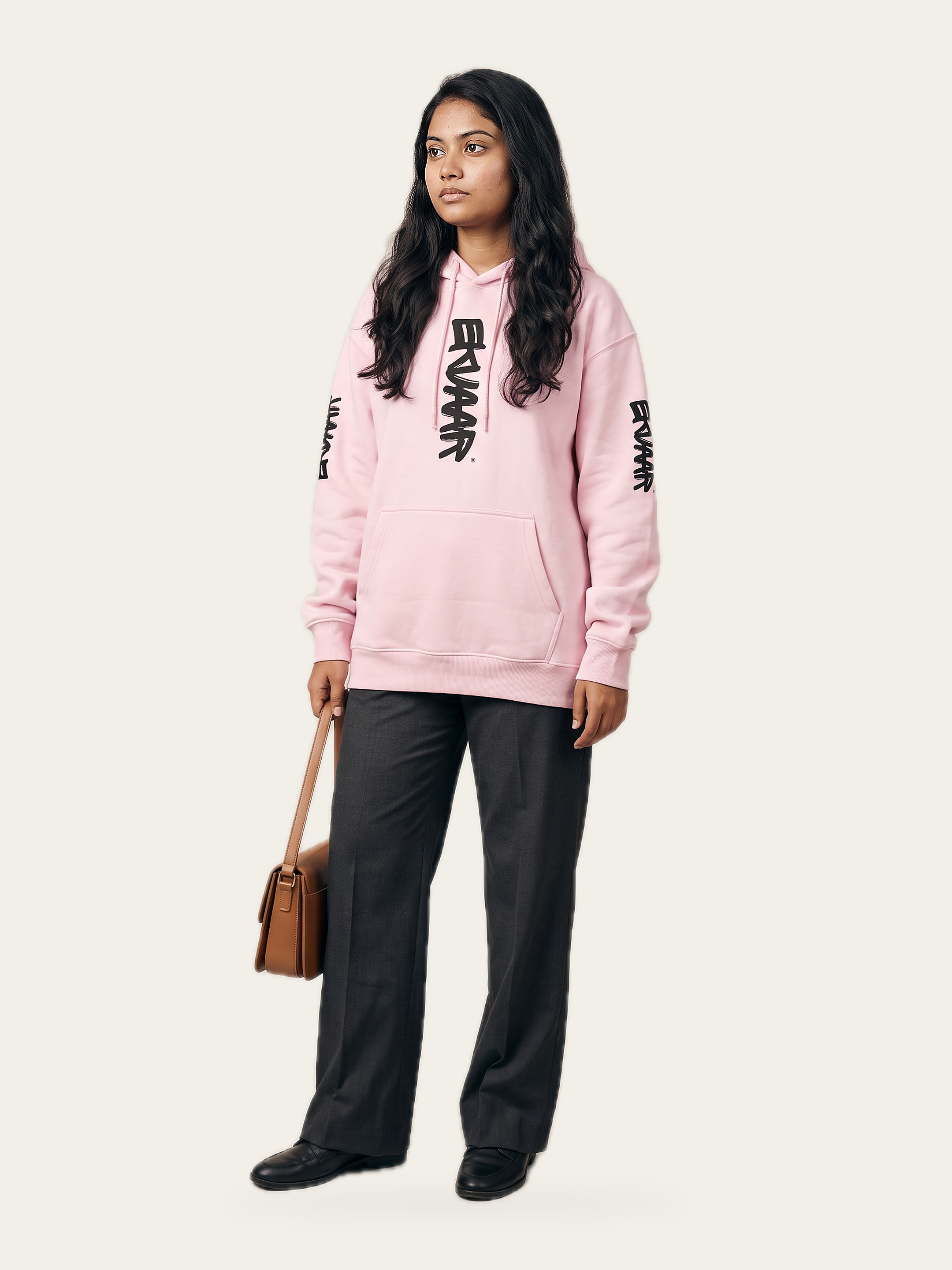 Monogram oversized hoodie in Gulabi Pink, with black trousers