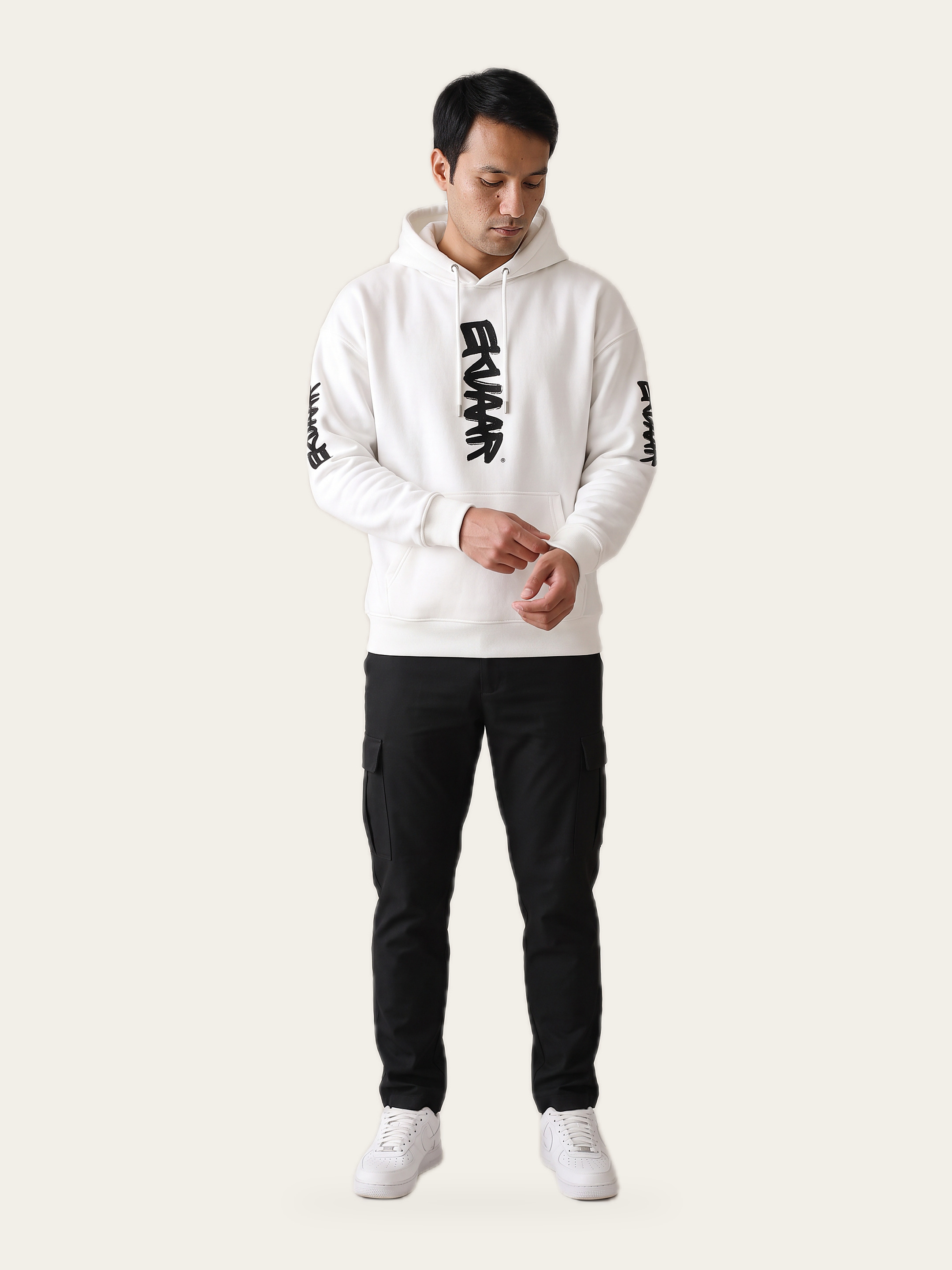 Monogram Oversized Hoodie in Rui White with a printed monogram, the print side of embroidery vs print
